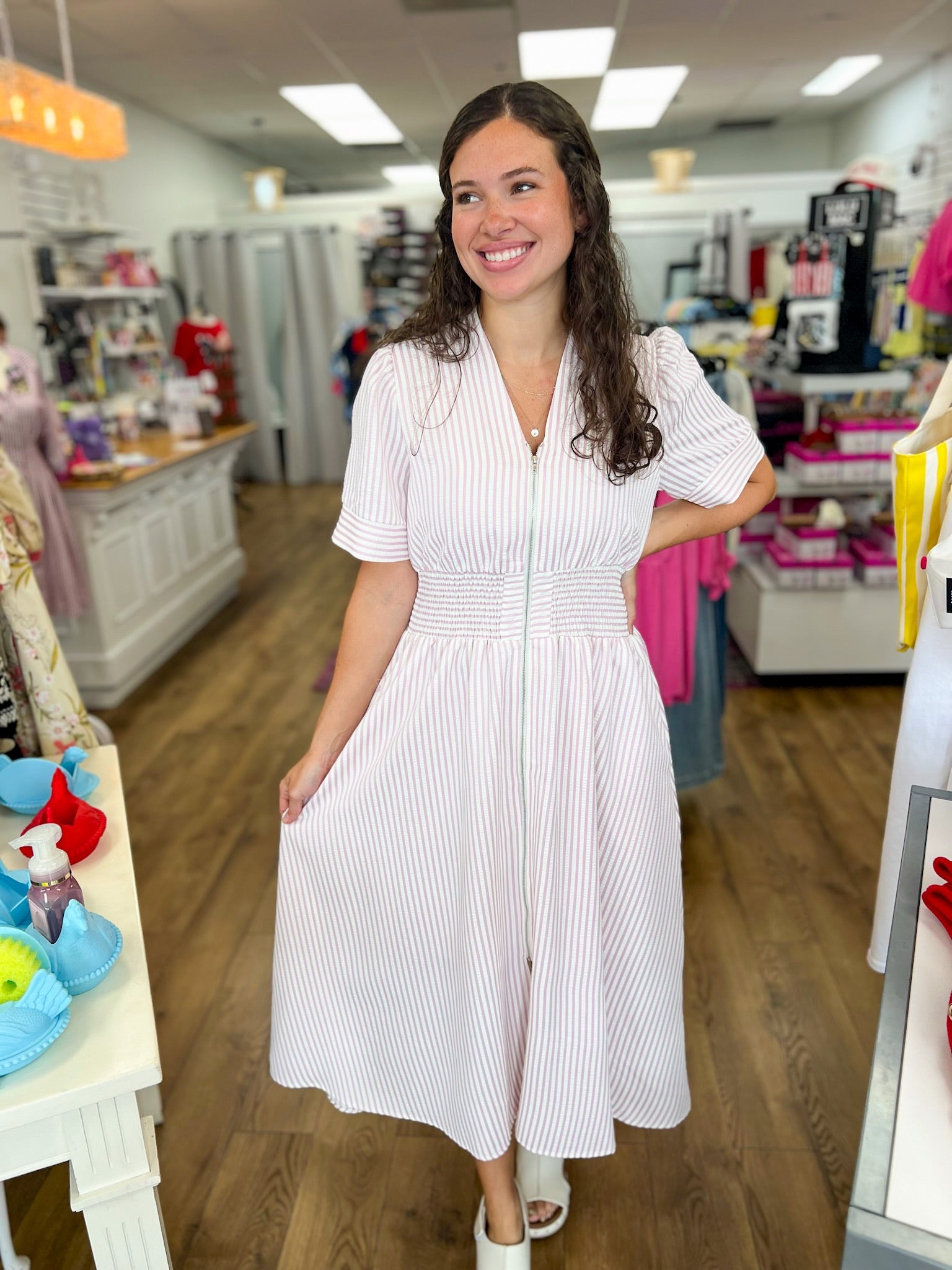 Light Pink Striped Zip Front Midi Dress - A'Bekah's Boutique