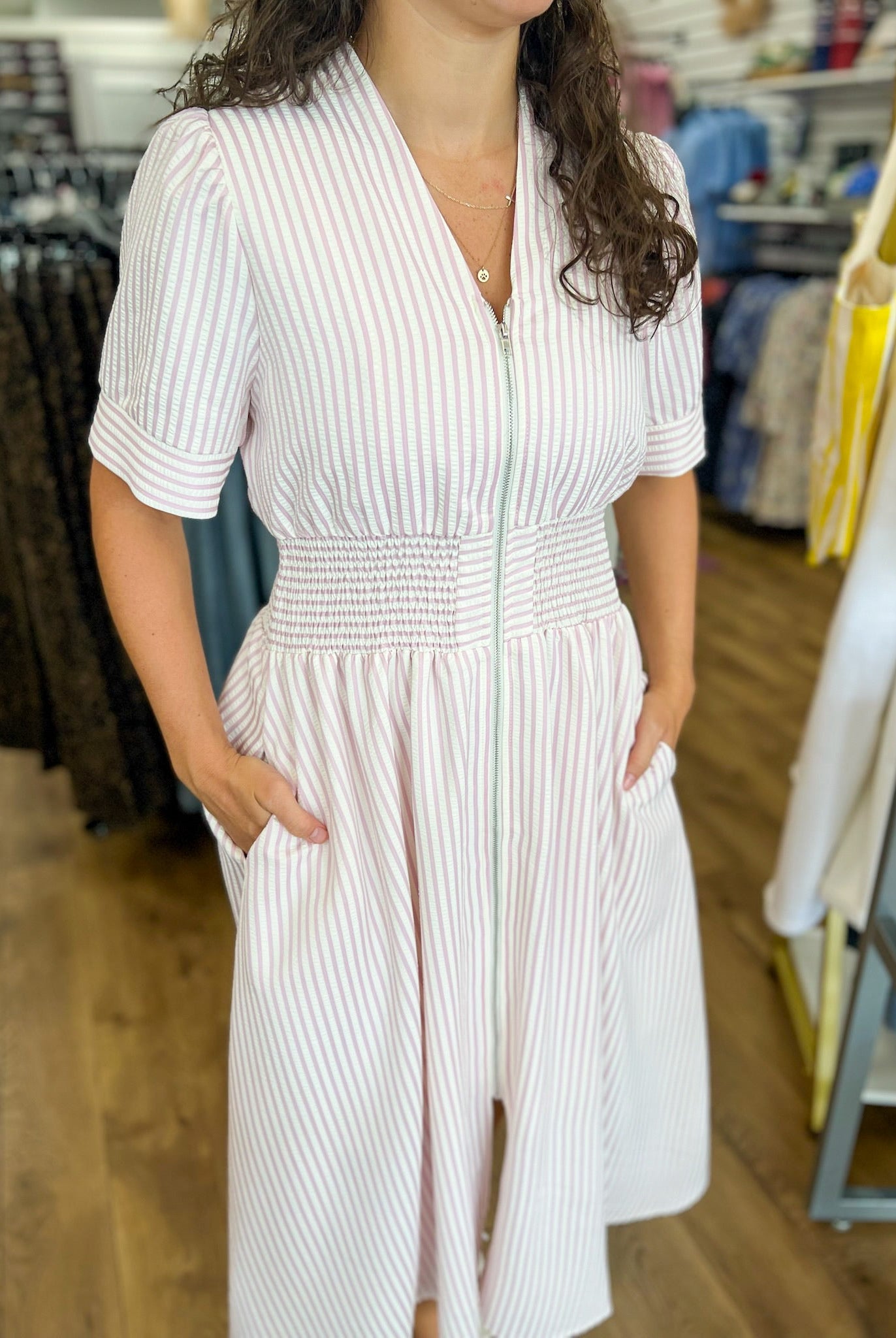 Light Pink Striped Zip Front Midi Dress - A'Bekah's Boutique