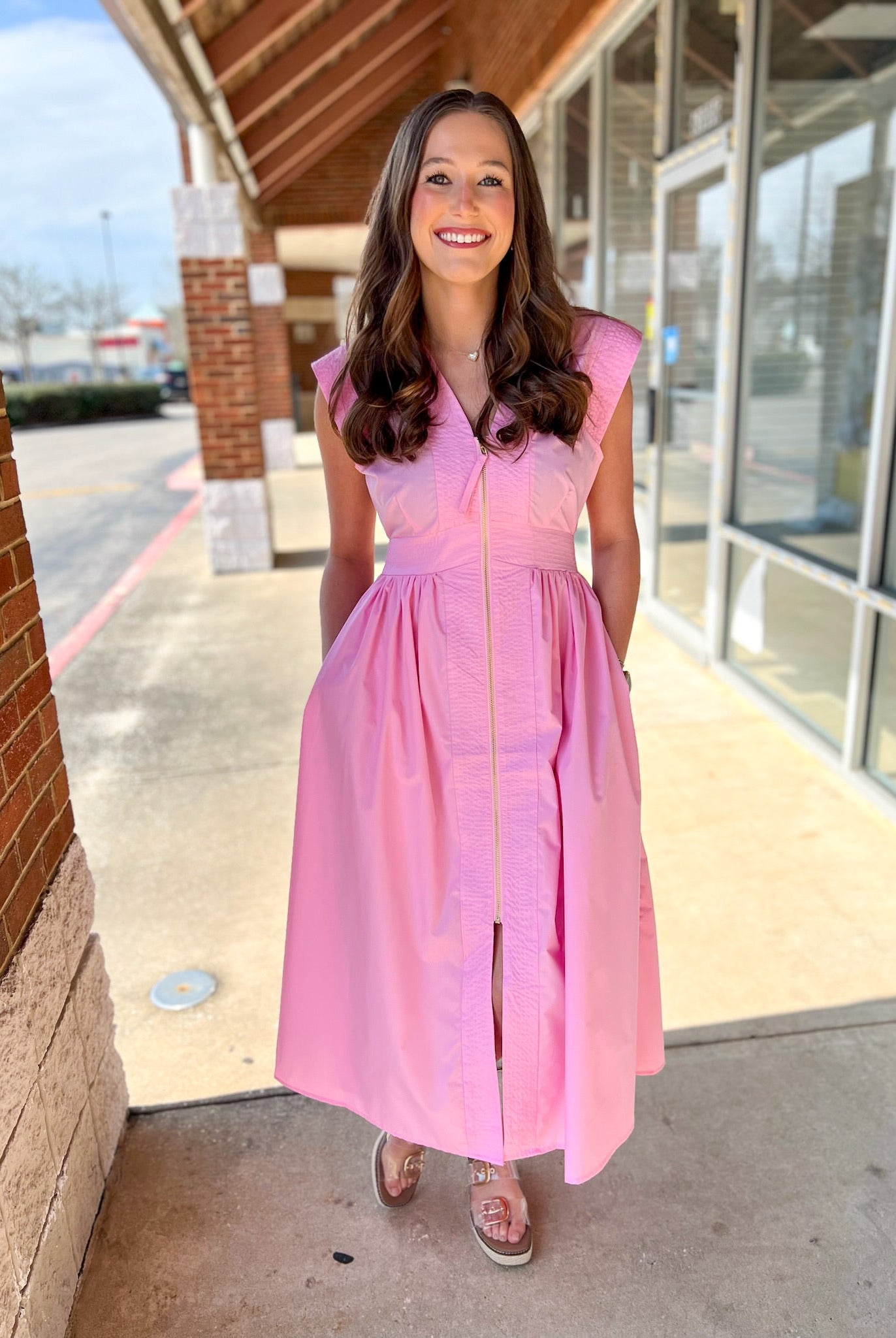 Light Pink Zip Front Cap Sleeve Midi Dress with Pockets - A'Bekah's Boutique
