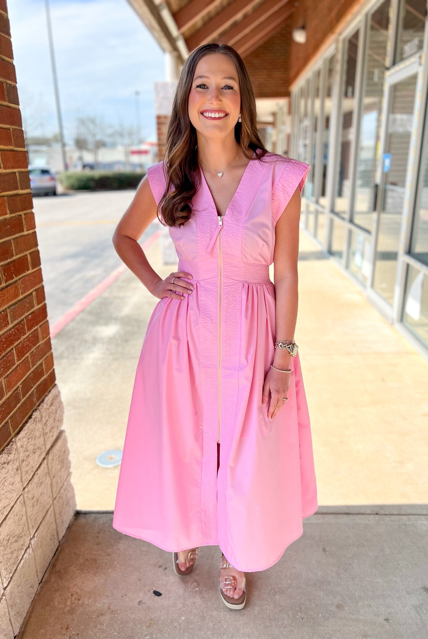Light Pink Zip Front Cap Sleeve Midi Dress with Pockets - A'Bekah's Boutique