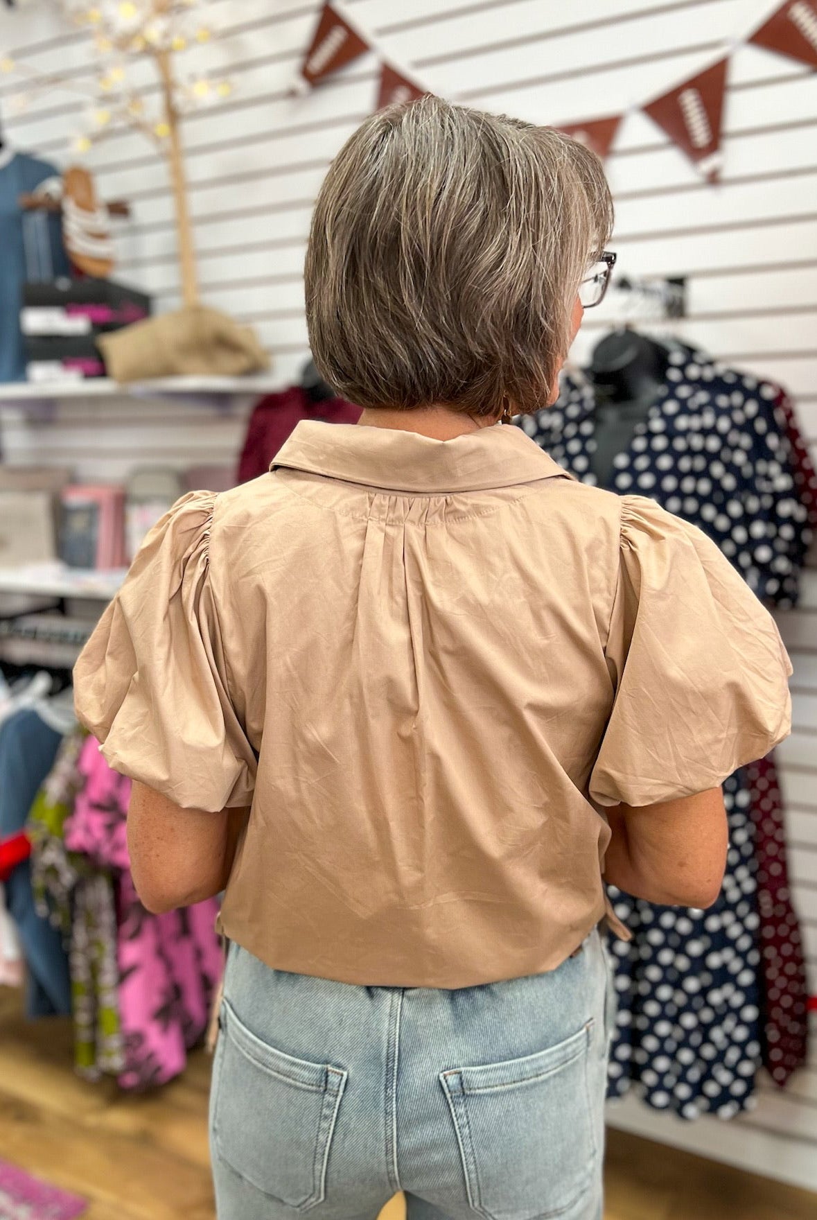 Light Taupe Button Up Top with Short Puff Sleeves and Drawstring Hem - A'Bekah's Boutique