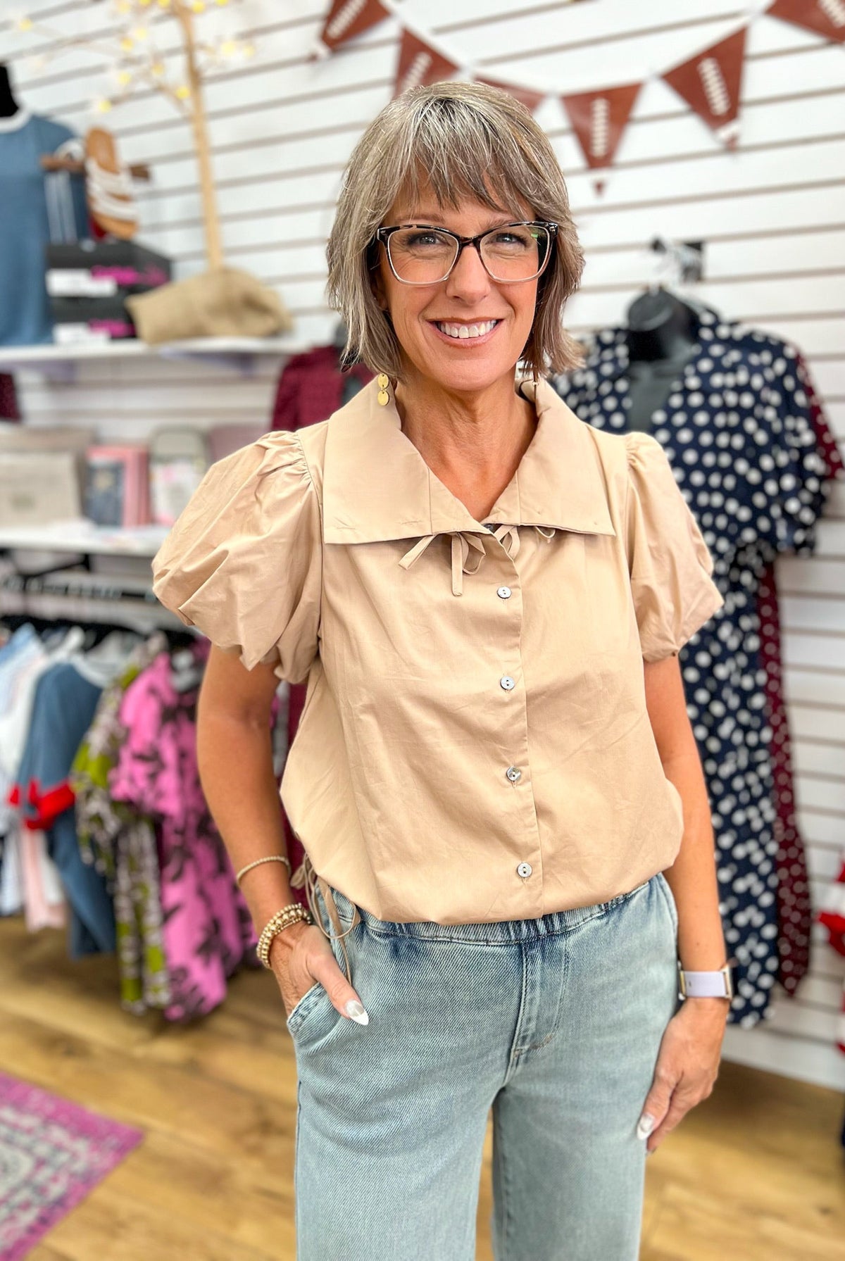 Light Taupe Button Up Top with Short Puff Sleeves and Drawstring Hem - A'Bekah's Boutique