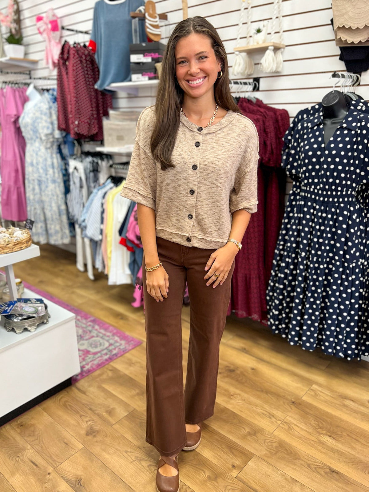 Light Taupe Marled Button Down Short Sleeve Top - A'Bekah's Boutique
