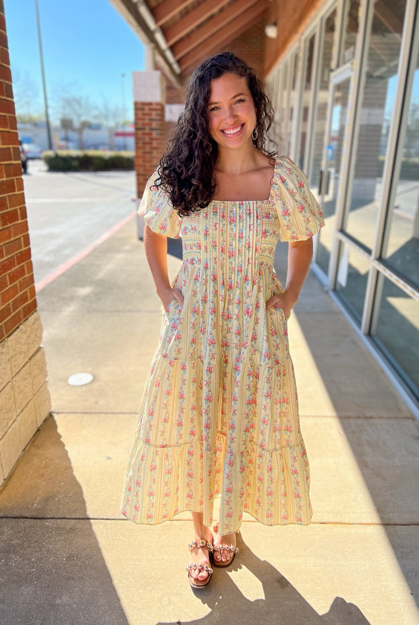 Light Yellow Floral Stripe Maxi Dress with Pintuck Details - A'Bekah's Boutique