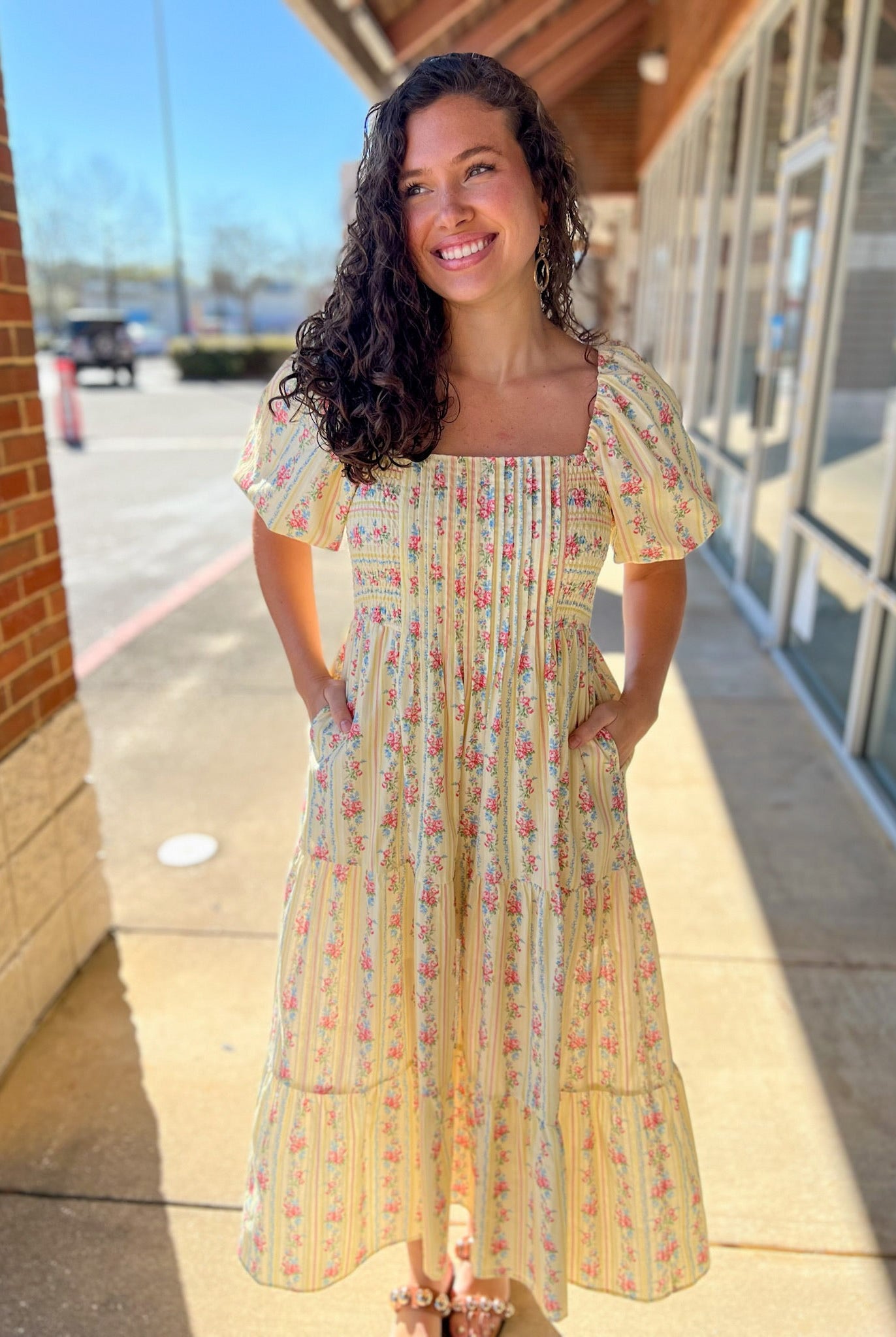Light Yellow Floral Stripe Maxi Dress with Pintuck Details - A'Bekah's Boutique