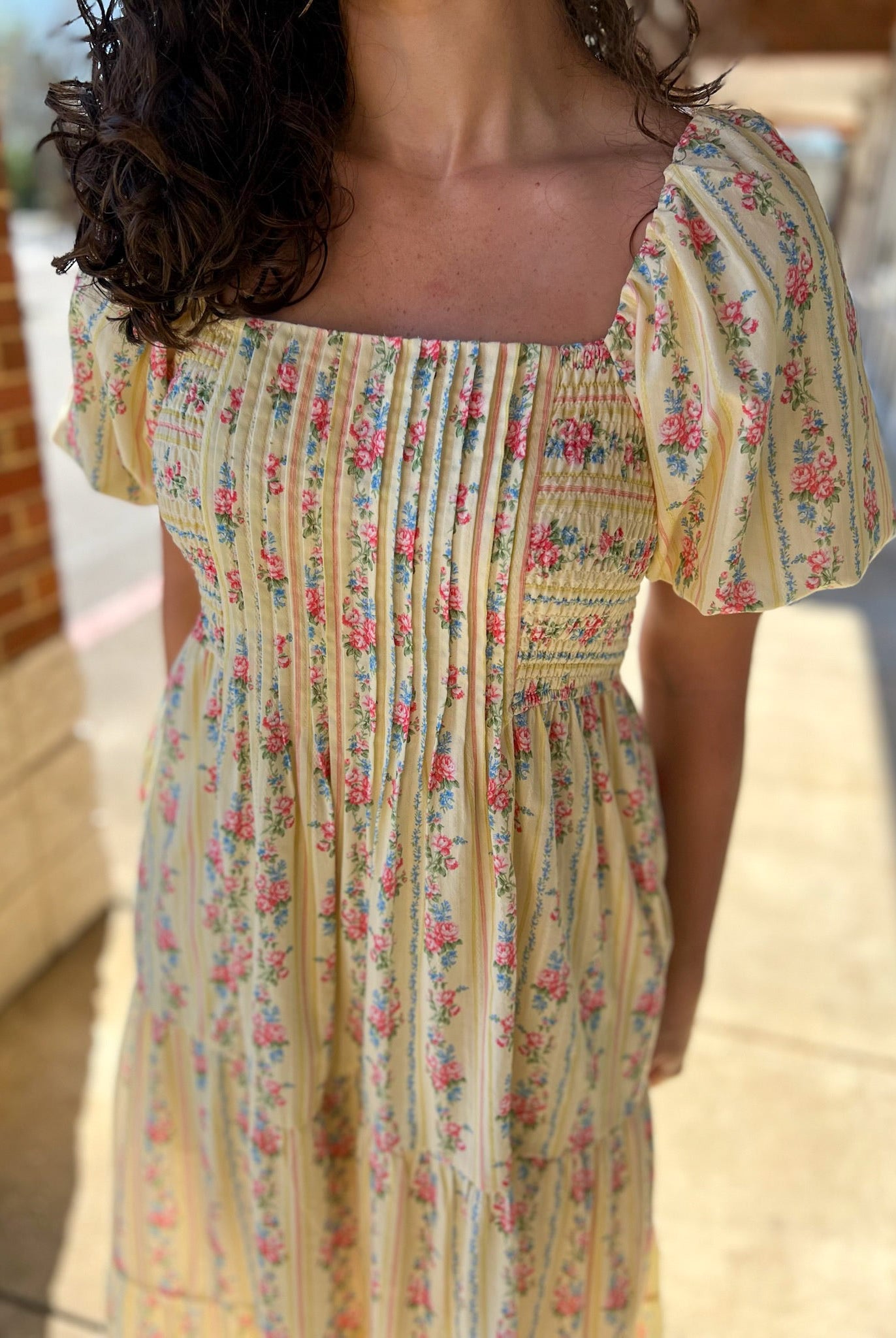 Light Yellow Floral Stripe Maxi Dress with Pintuck Details - A'Bekah's Boutique