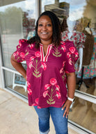 Likely Story Wine Floral V - Neck Top with Puff Sleeves (C) - A'Bekah's Boutique
