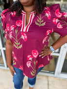 Likely Story Wine Floral V - Neck Top with Puff Sleeves (C) - A'Bekah's Boutique