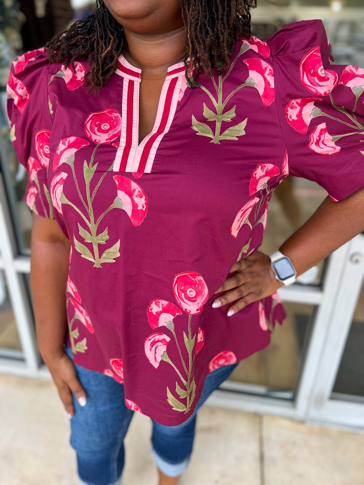 Likely Story Wine Floral V - Neck Top with Puff Sleeves (C) - A'Bekah's Boutique