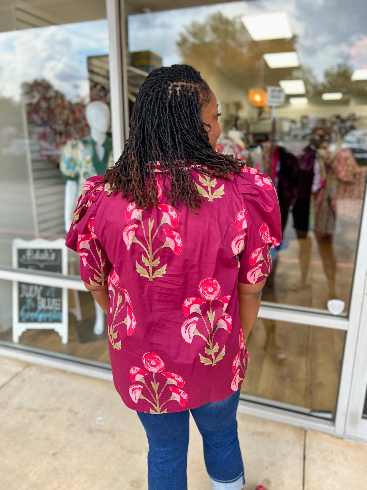 Likely Story Wine Floral V - Neck Top with Puff Sleeves (C) - A'Bekah's Boutique