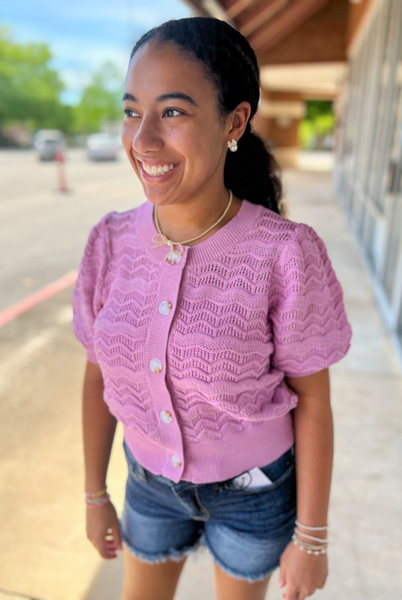 Lilac Pink Textured Open Knit Button Front Top - A'Bekah's Boutique