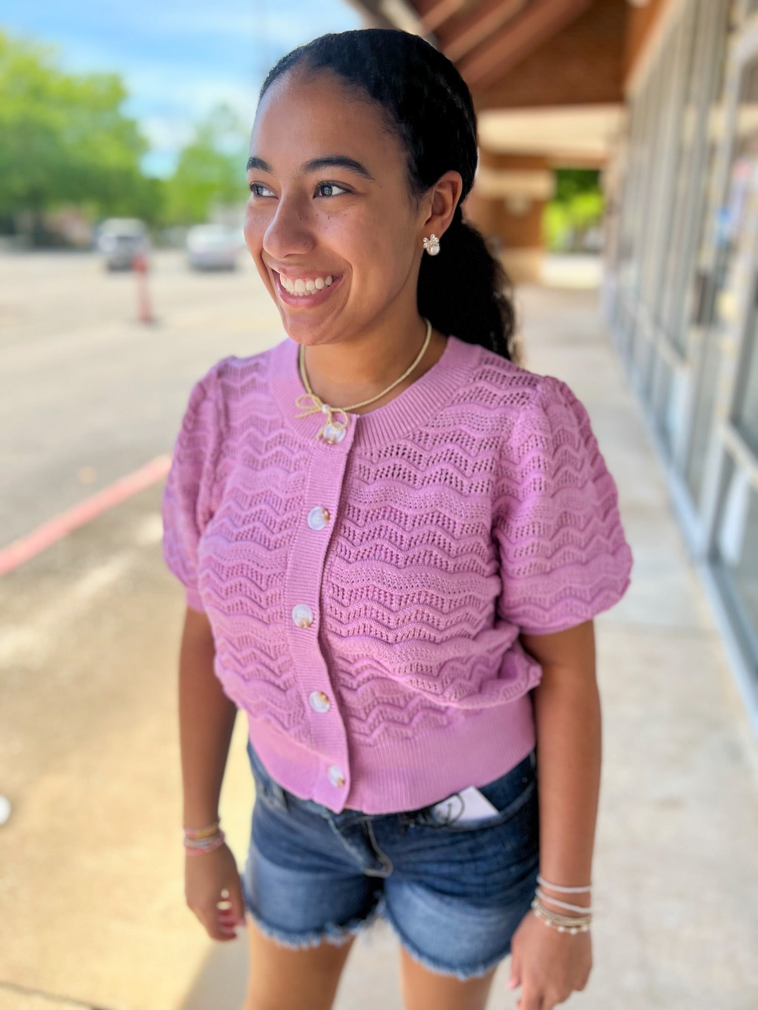 Lilac Pink Textured Open Knit Button Front Top - A'Bekah's Boutique