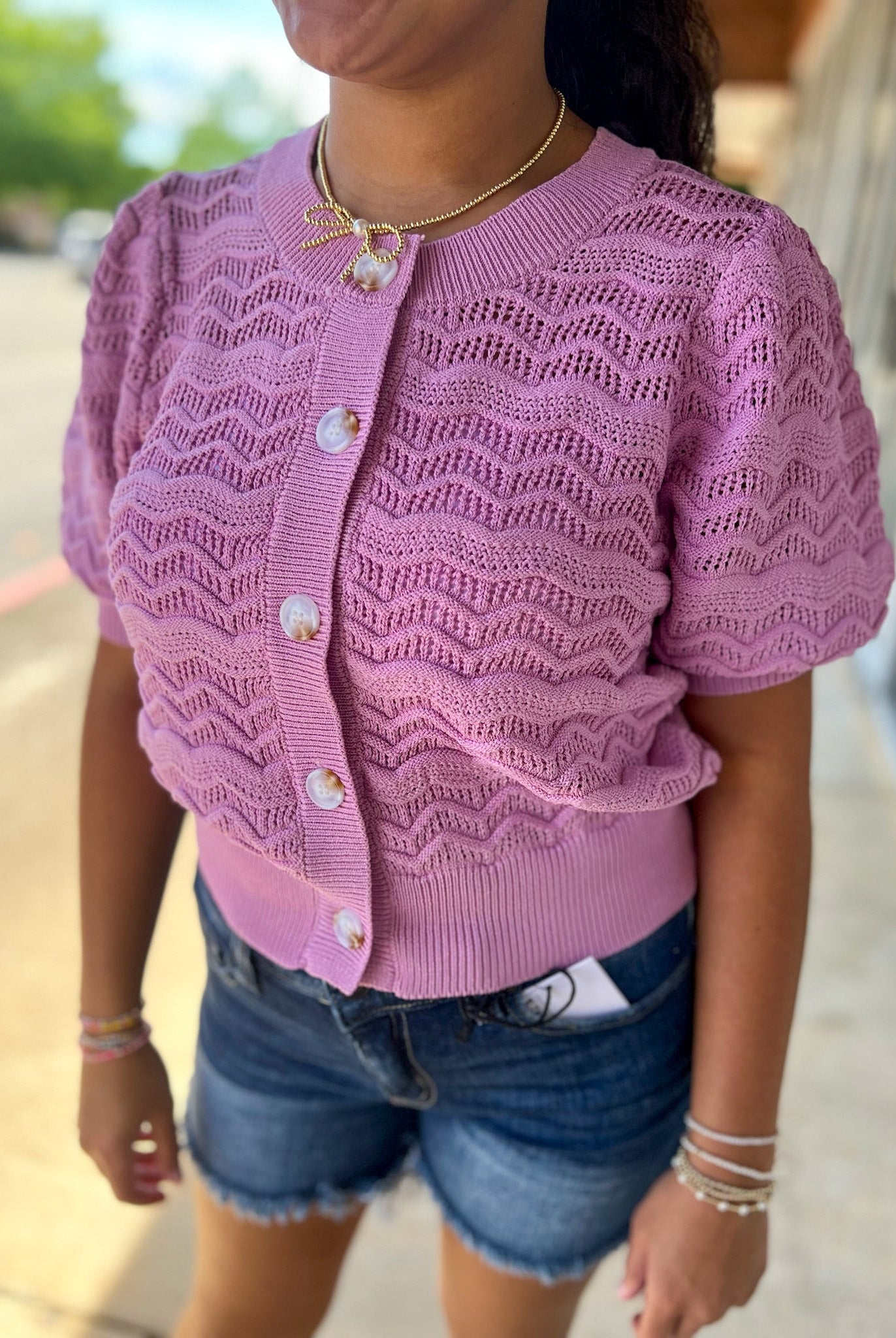 Lilac Pink Textured Open Knit Button Front Top - A'Bekah's Boutique