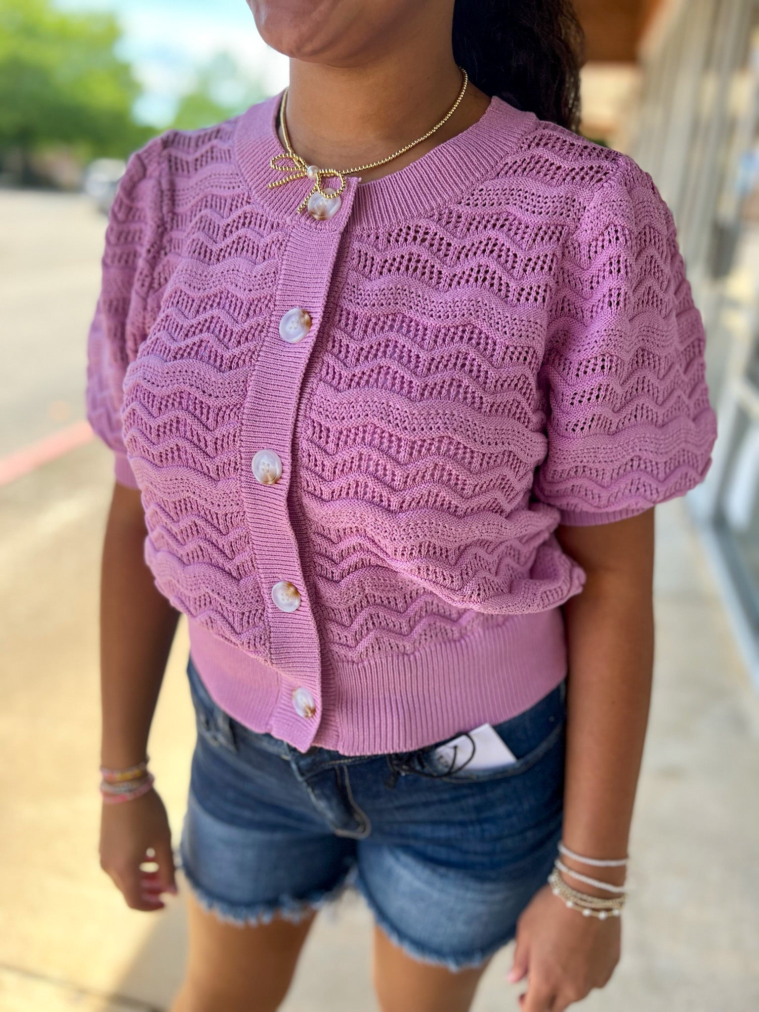 Lilac Pink Textured Open Knit Button Front Top - A'Bekah's Boutique