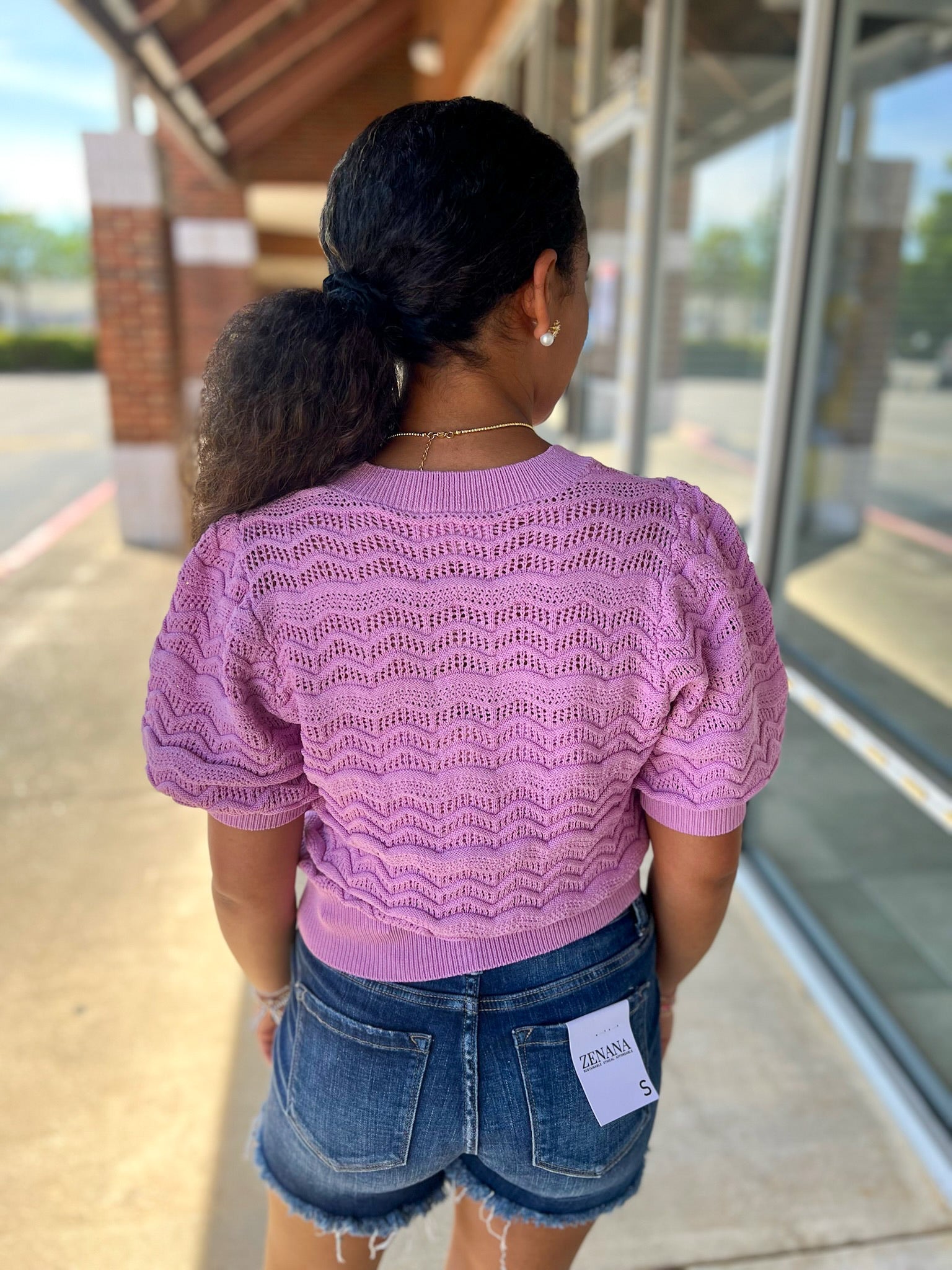 Lilac Pink Textured Open Knit Button Front Top - A'Bekah's Boutique