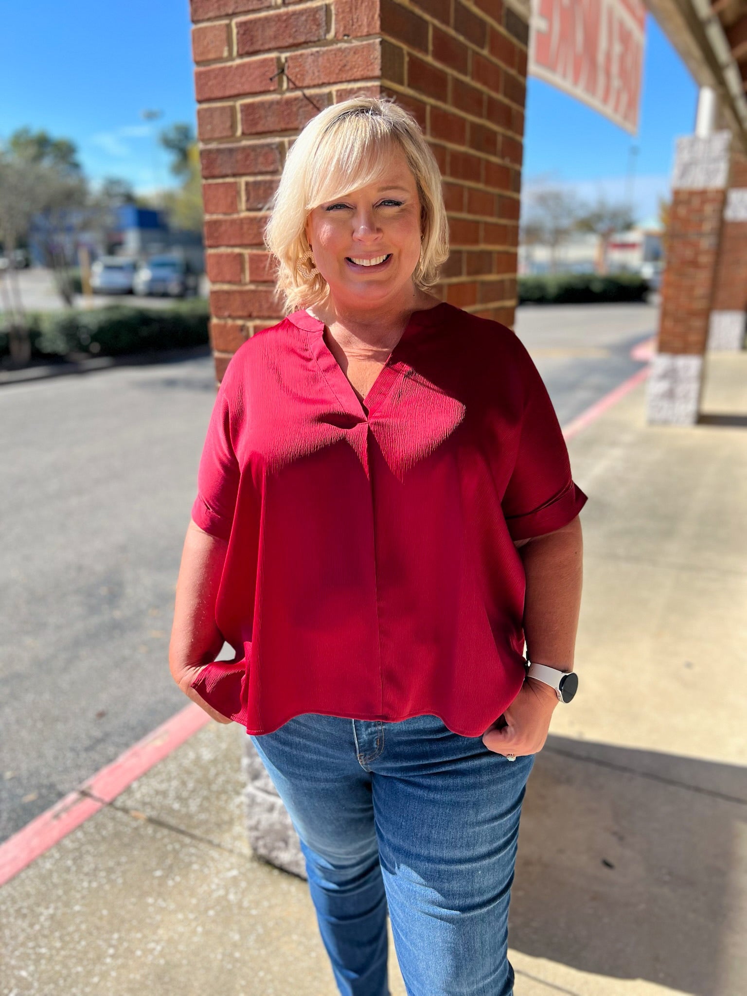 Lock Eyes Burgundy V - Neck Short Sleeve Top - A'Bekah's Boutique