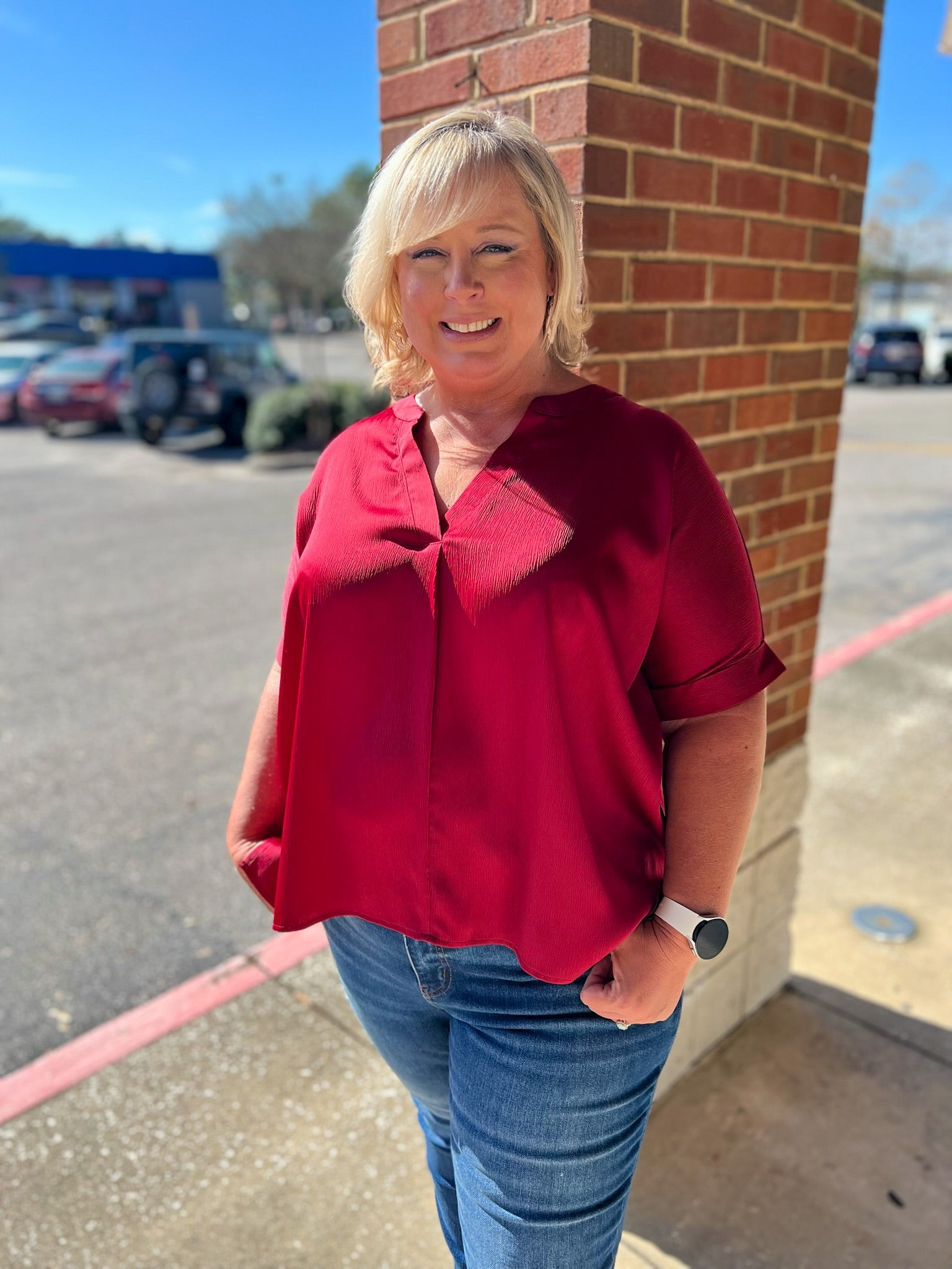 Lock Eyes Burgundy V - Neck Short Sleeve Top - A'Bekah's Boutique