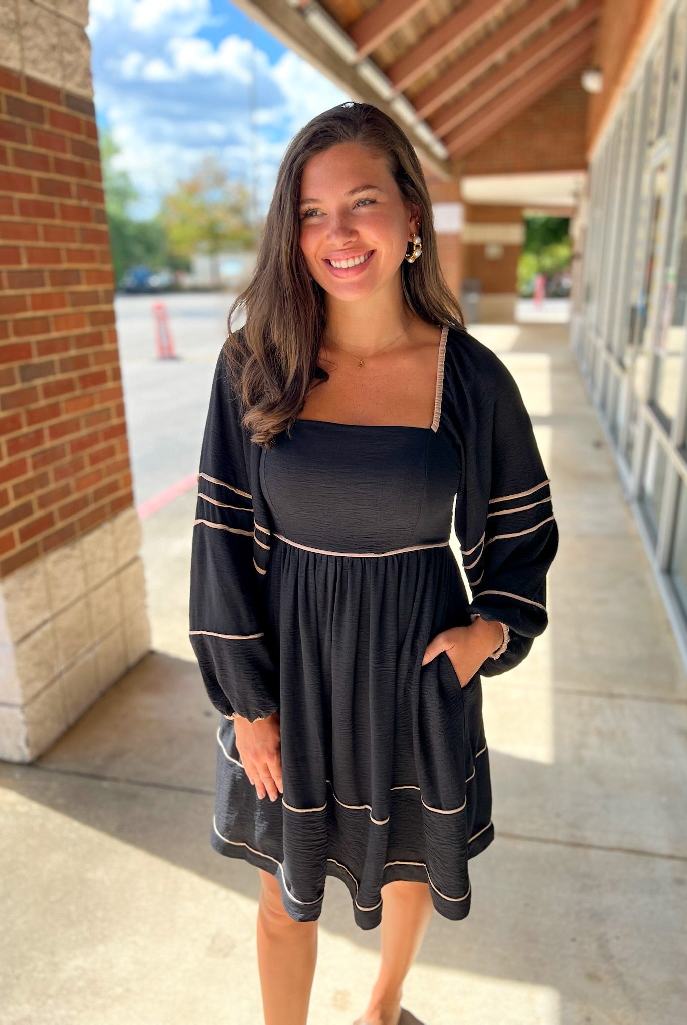 Long Sleeve Black Dress with Square Neckline and Contrast Piping - A'Bekah's Boutique