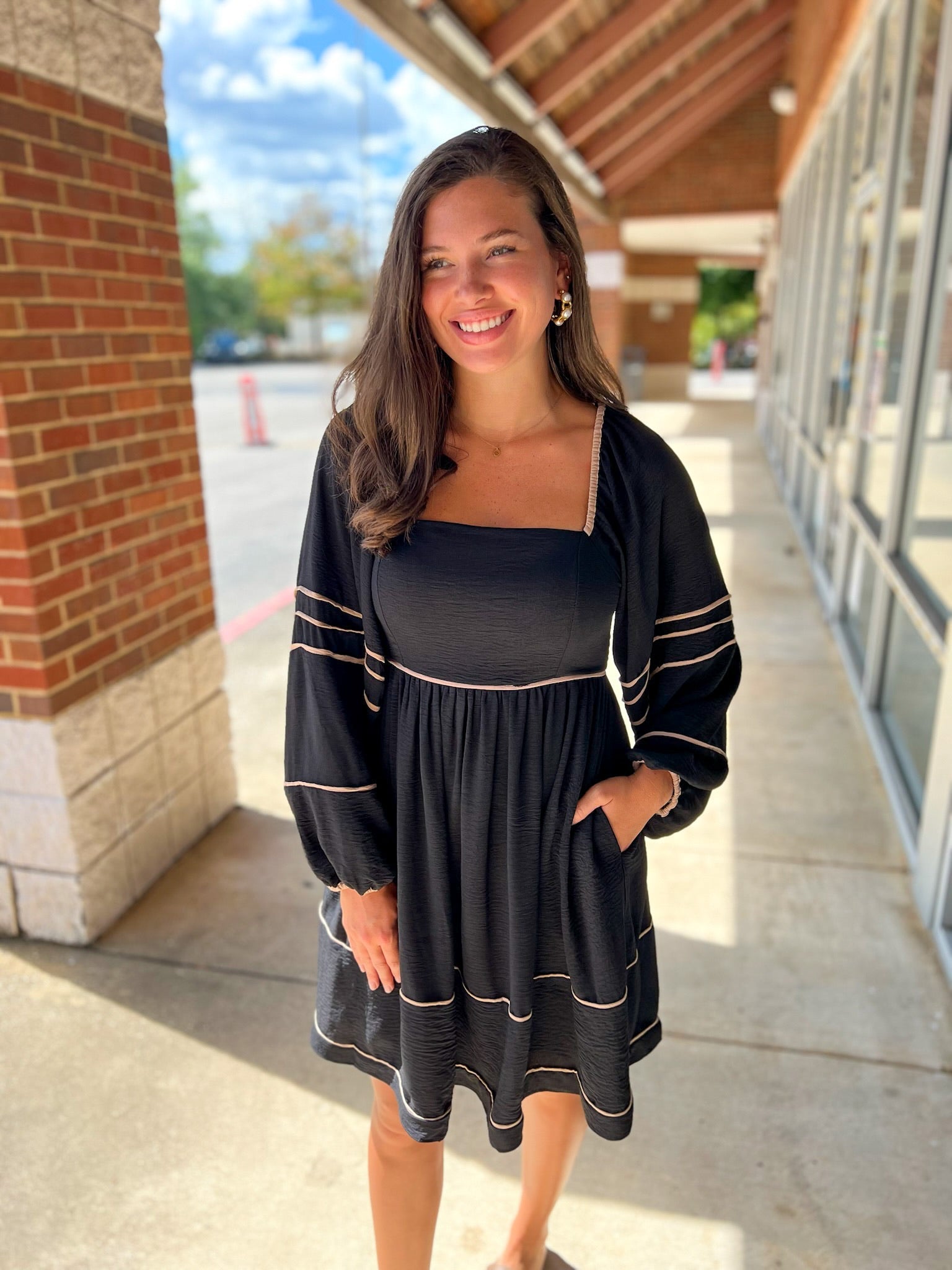 Long Sleeve Black Dress with Square Neckline and Contrast Piping - A'Bekah's Boutique