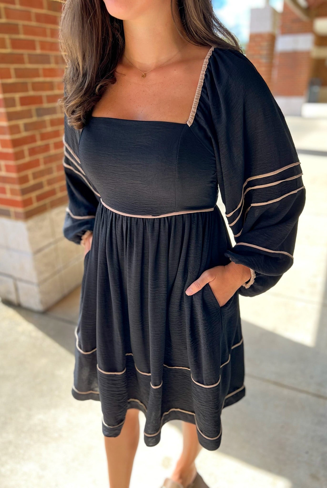 Long Sleeve Black Dress with Square Neckline and Contrast Piping - A'Bekah's Boutique