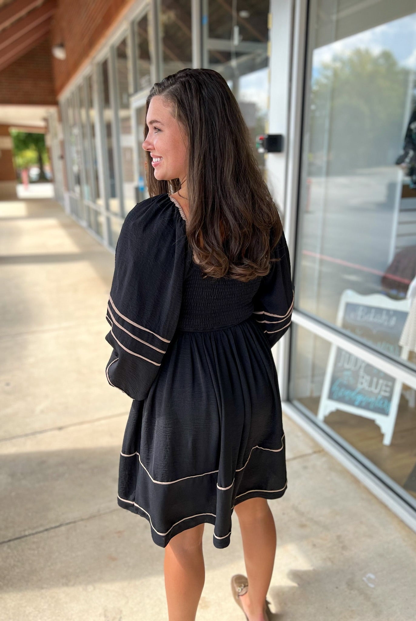 Long Sleeve Black Dress with Square Neckline and Contrast Piping - A'Bekah's Boutique