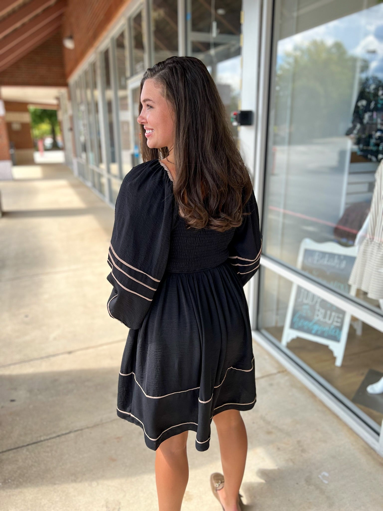Long Sleeve Black Dress with Square Neckline and Contrast Piping - A'Bekah's Boutique