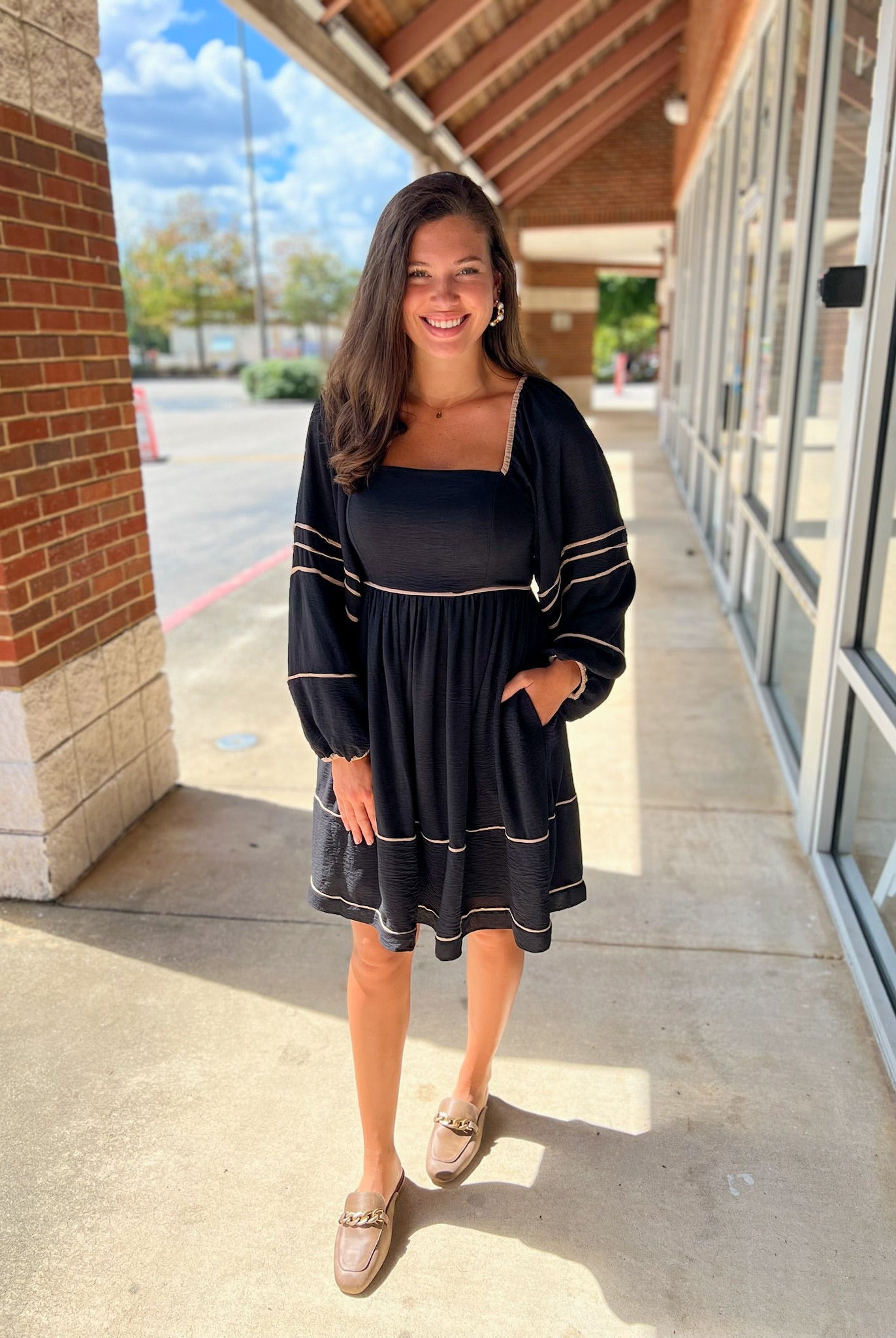 Long Sleeve Black Dress with Square Neckline and Contrast Piping - A'Bekah's Boutique