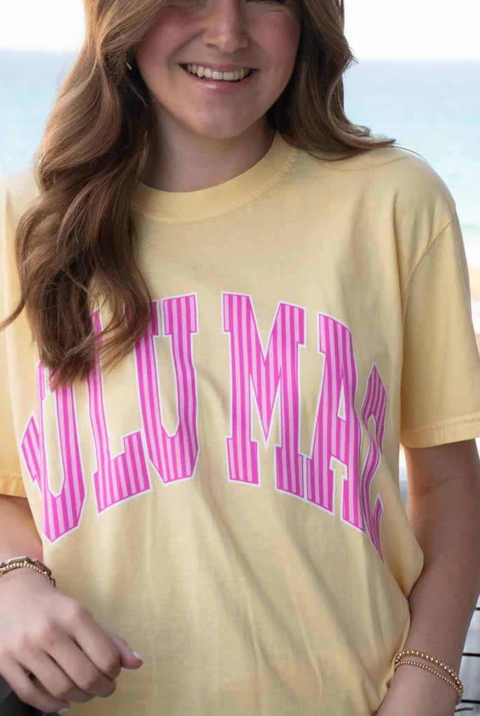 LULU MAC Butter Yellow Short Sleeve T-Shirt with Pink Striped Lettering - A'Bekah's Boutique