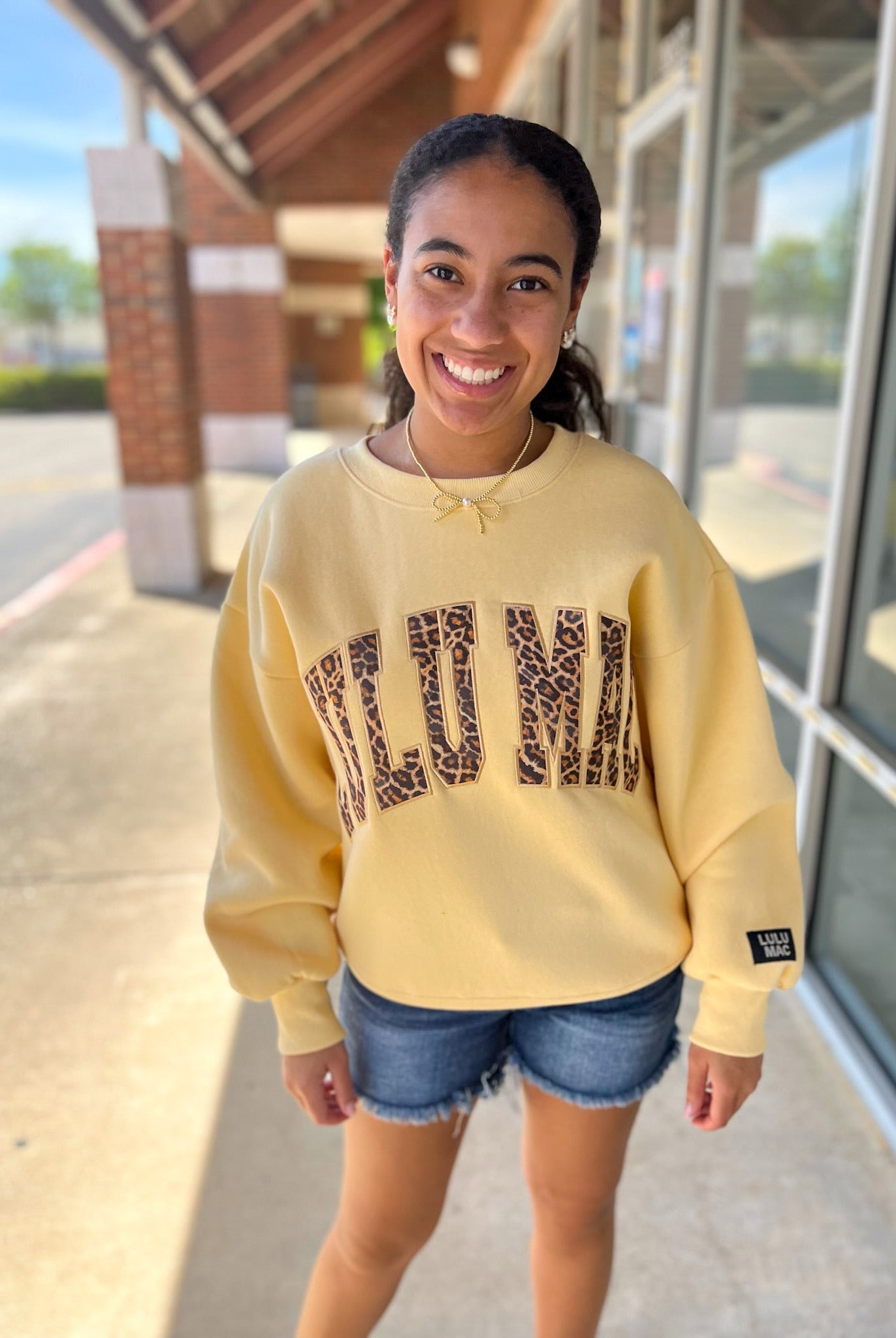 LULU MAC Butter Yellow Sweatshirt with Leopard Lettering - A'Bekah's Boutique