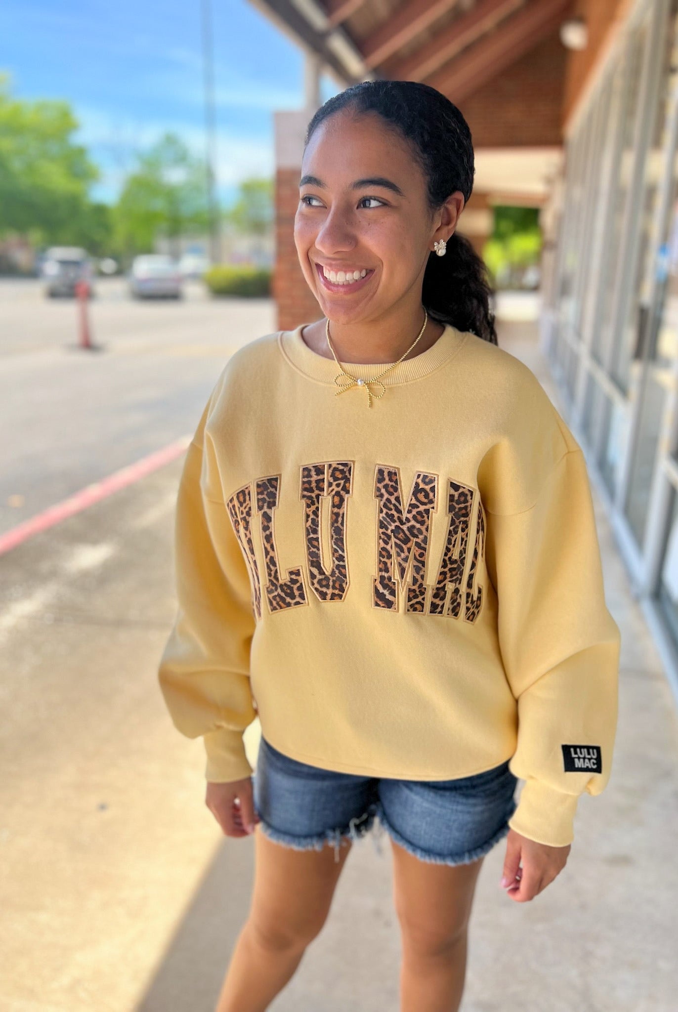 LULU MAC Butter Yellow Sweatshirt with Leopard Lettering - A'Bekah's Boutique