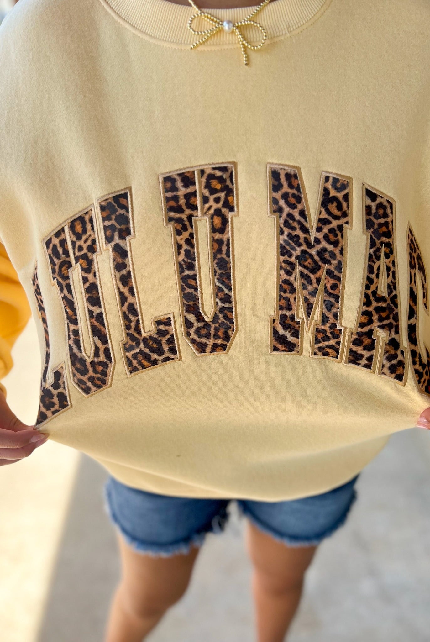 LULU MAC Butter Yellow Sweatshirt with Leopard Lettering - A'Bekah's Boutique