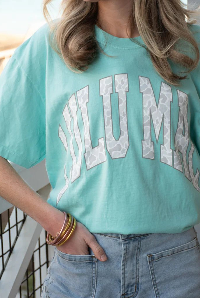 LULU MAC Chalky Mint Short Sleeve T-Shirt with Grey Camo Lettering - A'Bekah's Boutique