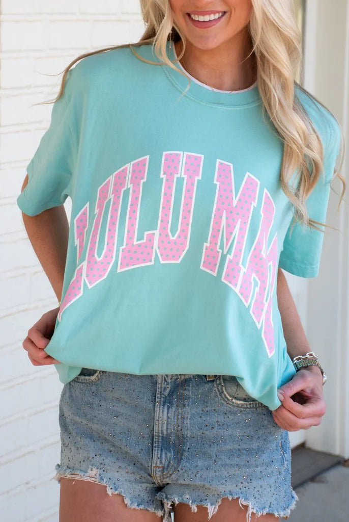 LULU MAC Chalky Mint Short Sleeve T-Shirt with Pink Polka Dot Lettering - A'Bekah's Boutique