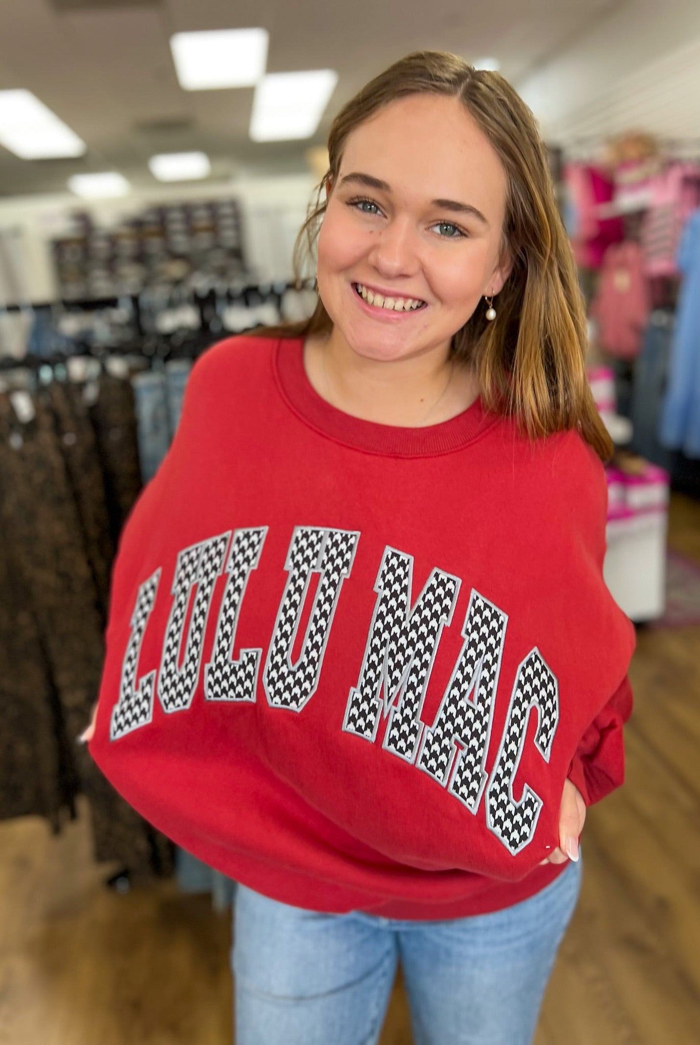 Lulu Mac Crimson Houndstooth - Stitched Sweatshirt - A'Bekah's Boutique