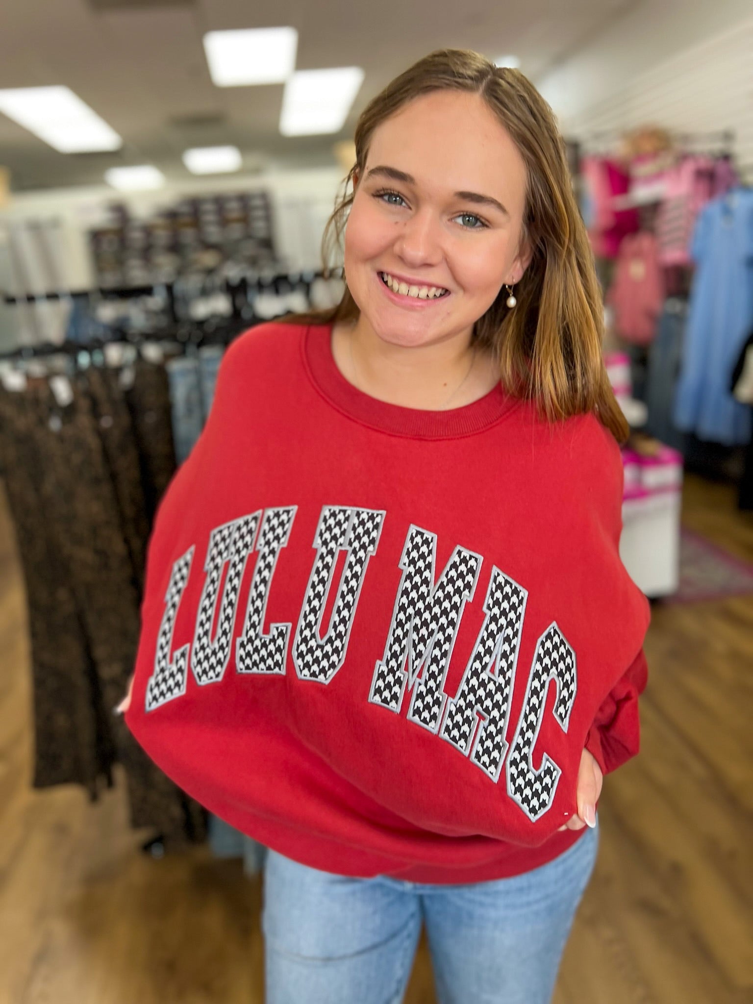 Lulu Mac Crimson Houndstooth - Stitched Sweatshirt - A'Bekah's Boutique