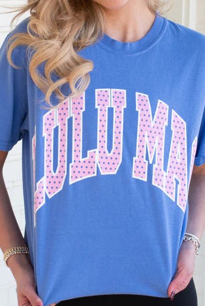 LULU MAC Flo Blue Short Sleeve T-Shirt with Pink Polka Dot Lettering - A'Bekah's Boutique