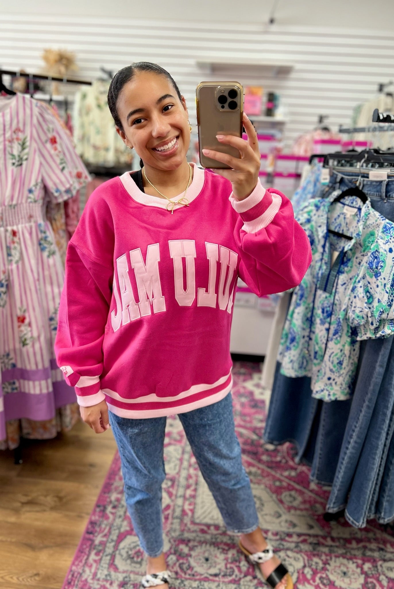 Lulu Mac Hot Pink Sweatshirt with Light Pink Stitched Lettering - A'Bekah's Boutique