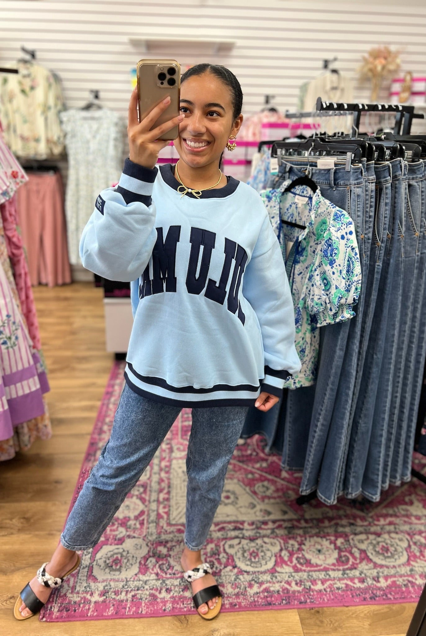 Lulu Mac Light Blue Sweatshirt with Navy Stitched Lettering - A'Bekah's Boutique