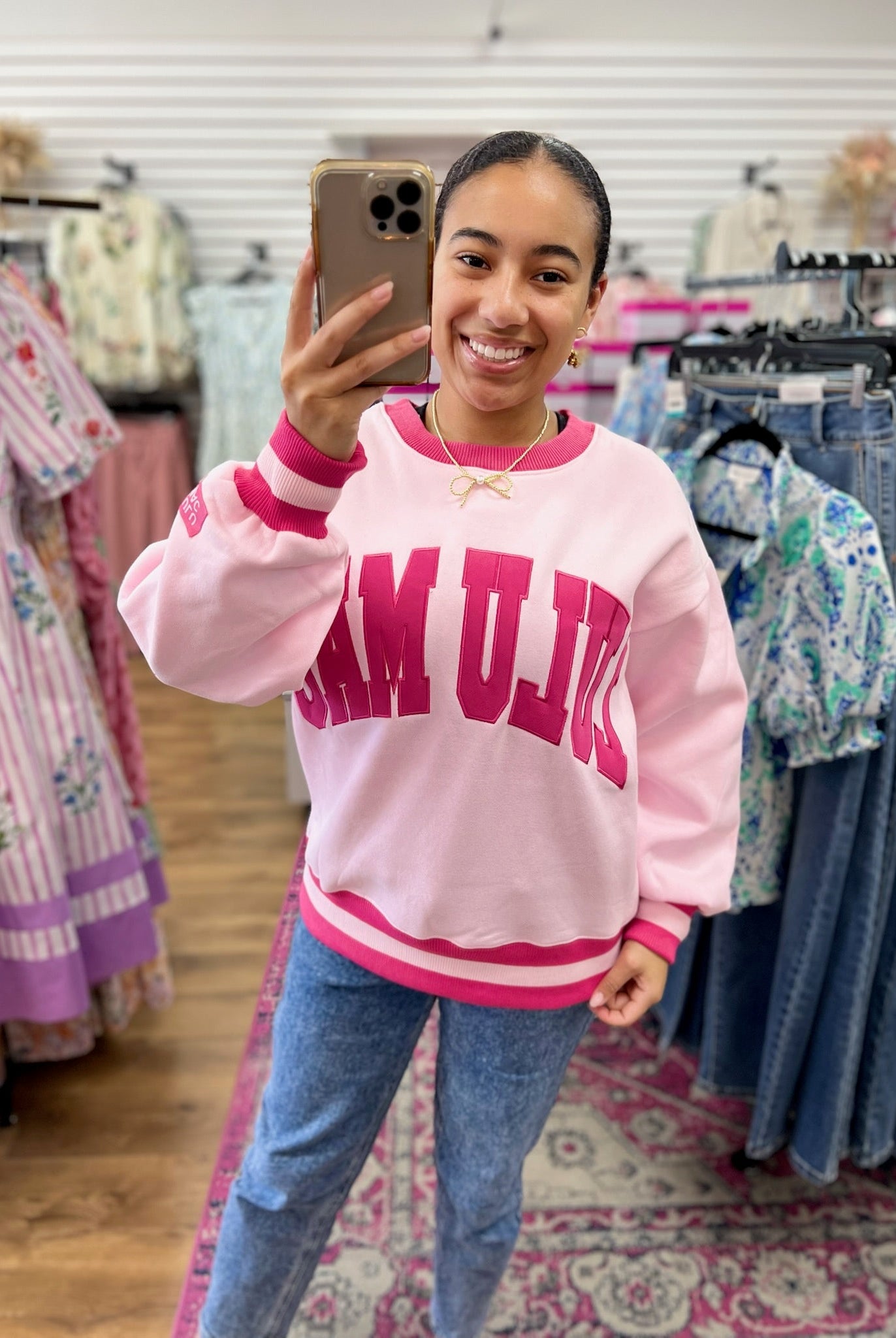 Lulu Mac Light Pink Sweatshirt with Hot Pink Stitched Lettering - A'Bekah's Boutique