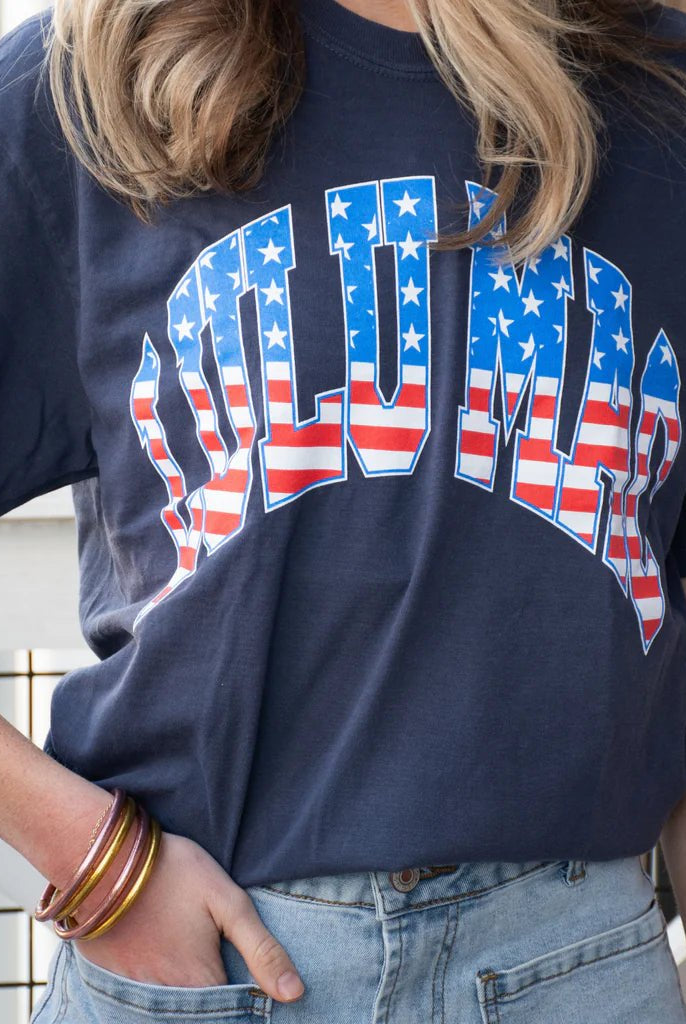 LULU MAC Navy Short Sleeve T-Shirt with American Flag Lettering - A'Bekah's Boutique