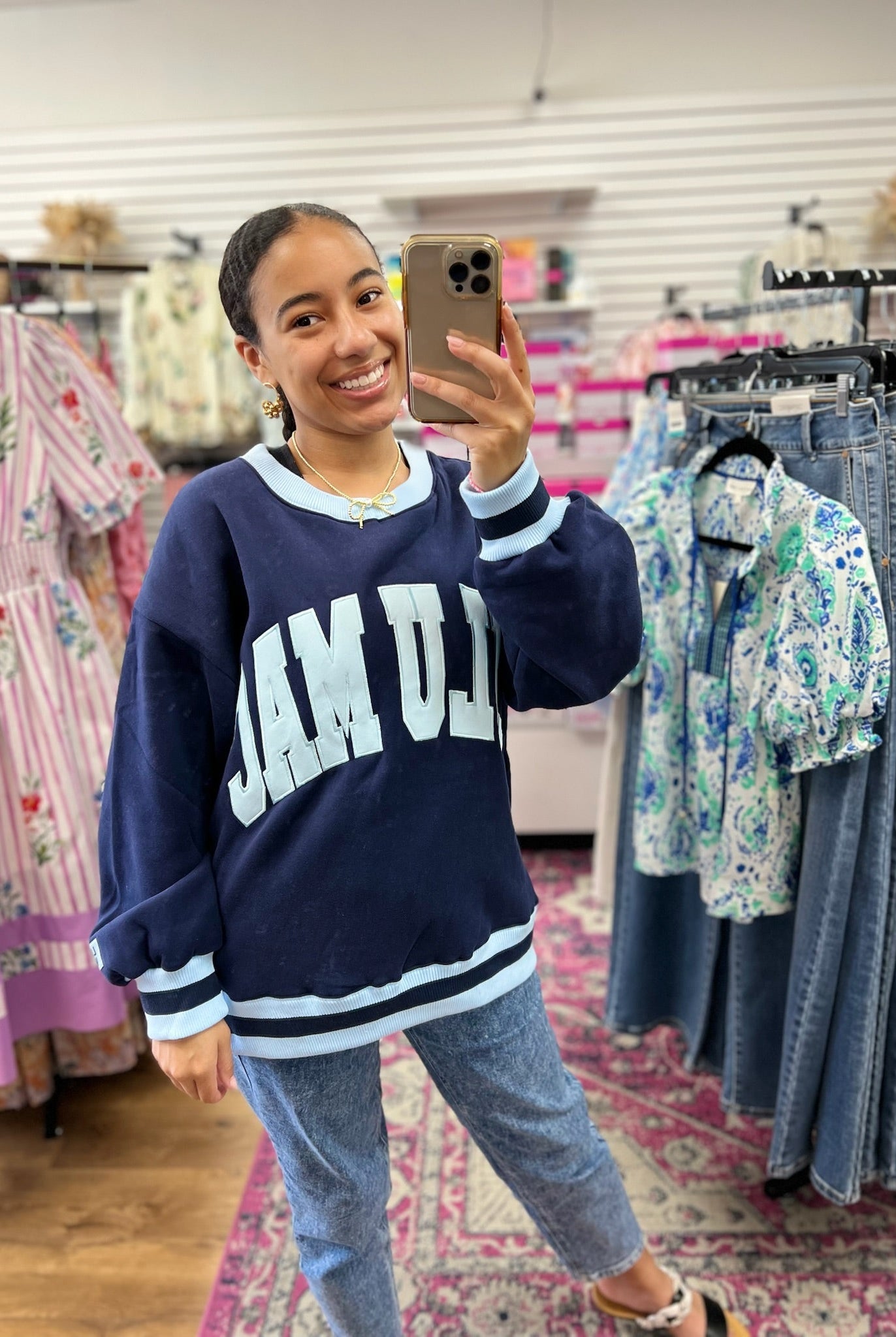 Lulu Mac Navy Sweatshirt with Light Blue Stitched Lettering - A'Bekah's Boutique