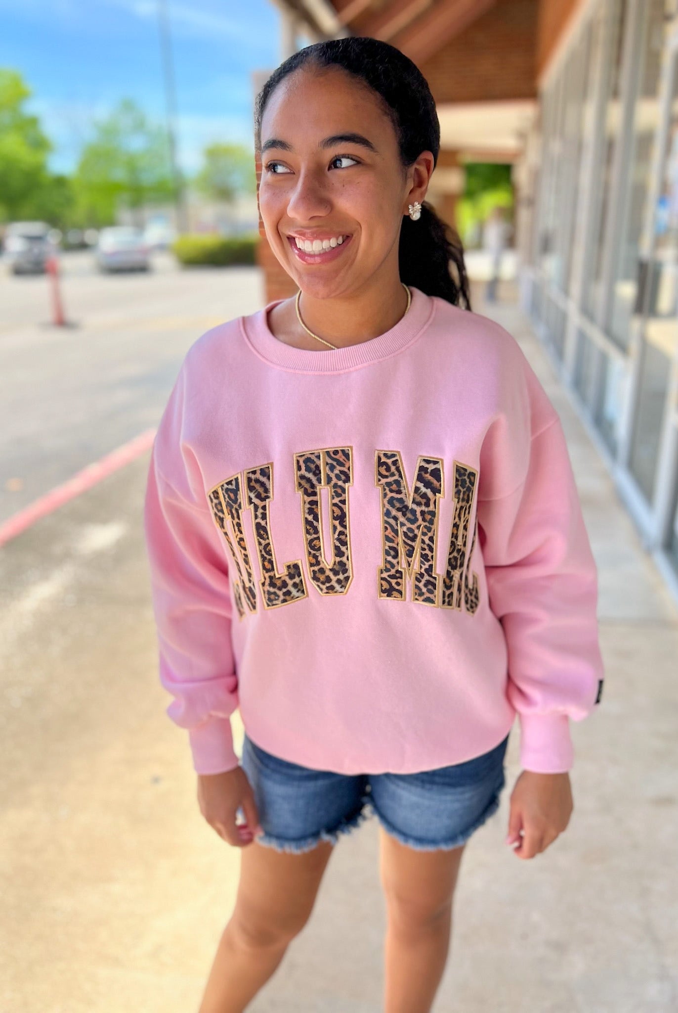 LULU MAC Pink Sweatshirt with Leopard Lettering - A'Bekah's Boutique