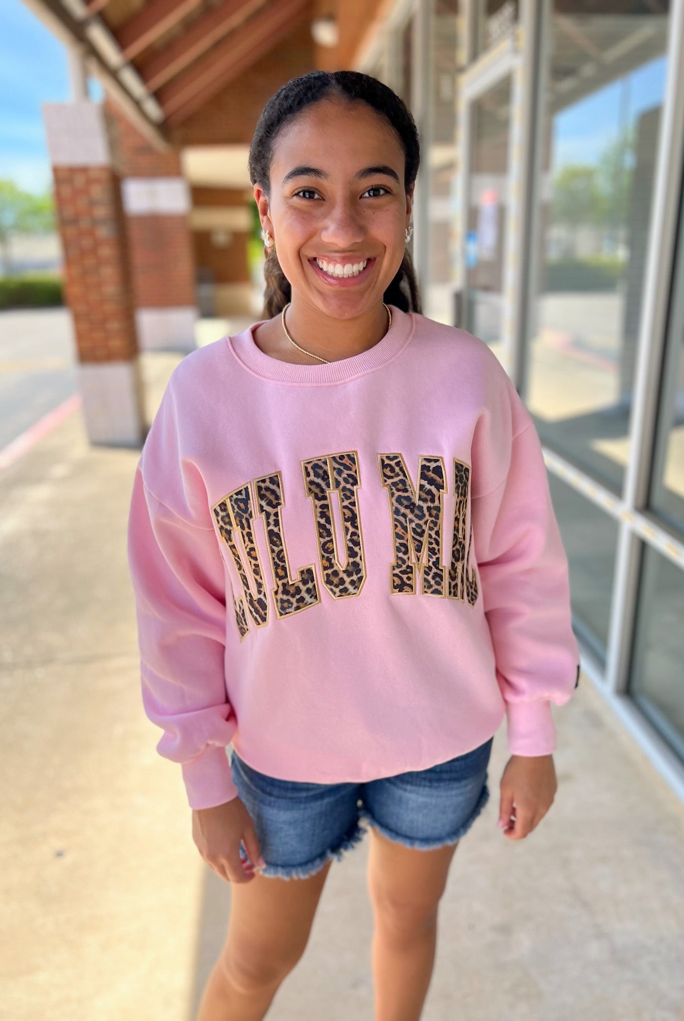 LULU MAC Pink Sweatshirt with Leopard Lettering - A'Bekah's Boutique