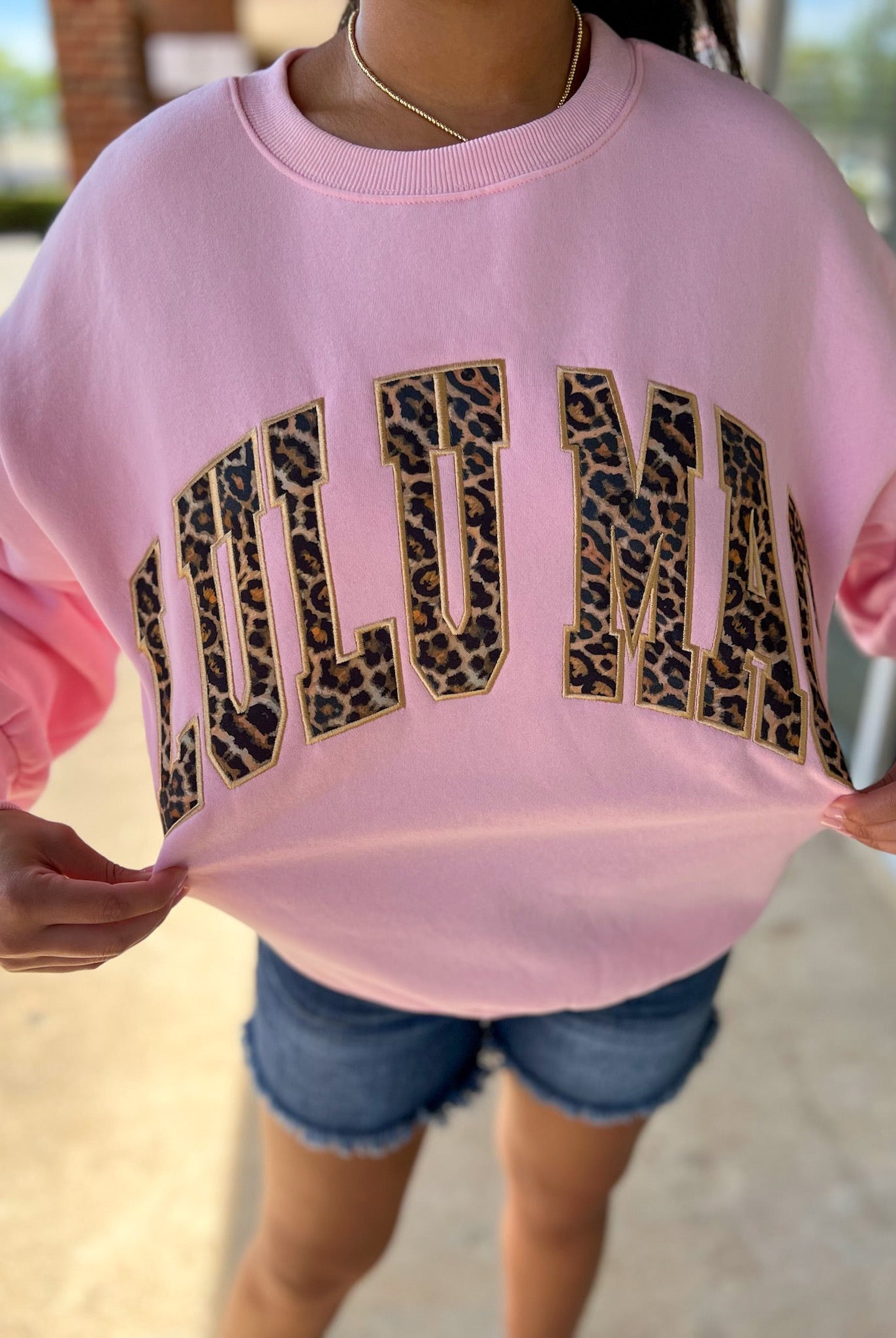 LULU MAC Pink Sweatshirt with Leopard Lettering - A'Bekah's Boutique