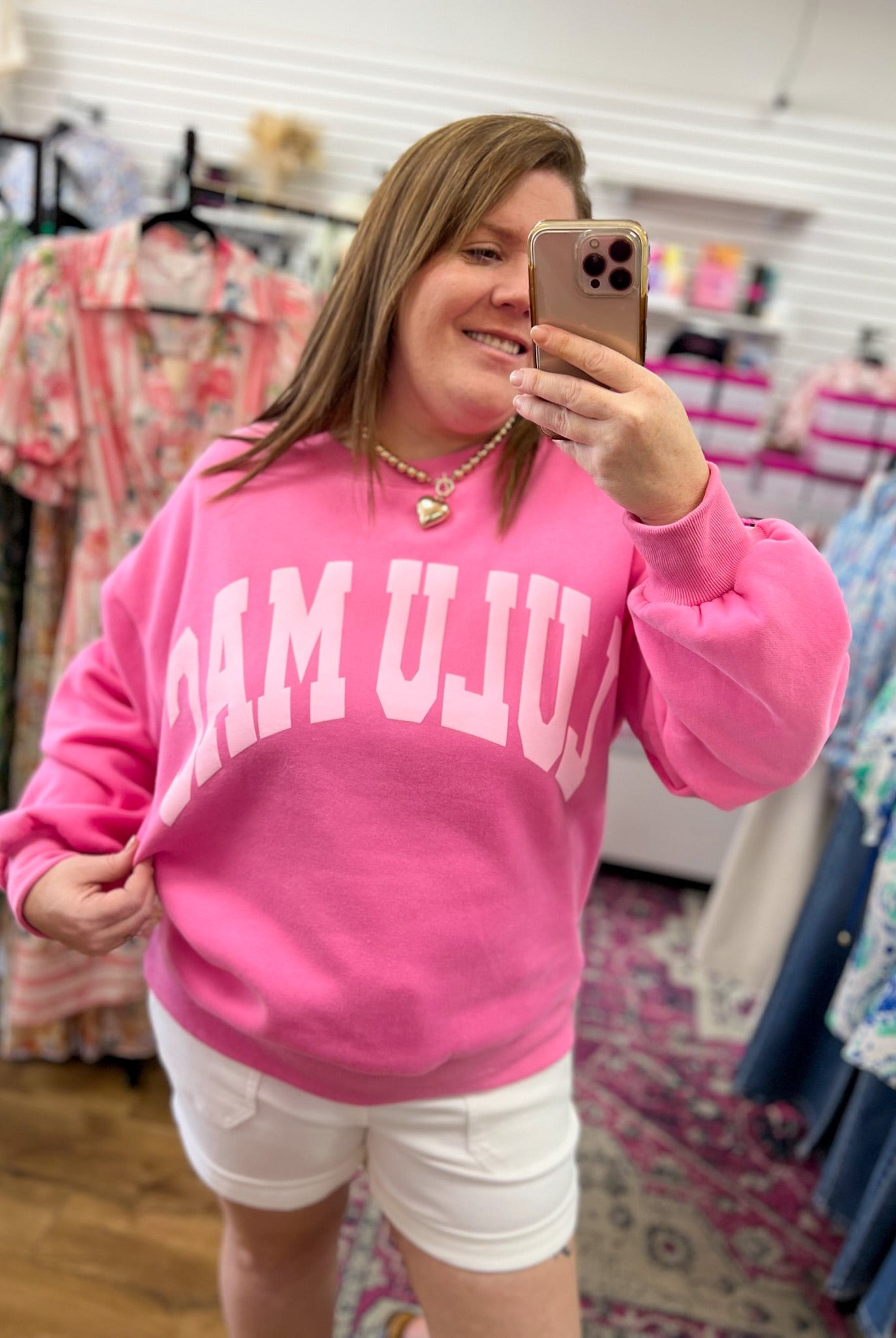 LULU MAC Pink Sweatshirt with Light Pink Lettering - A'Bekah's Boutique