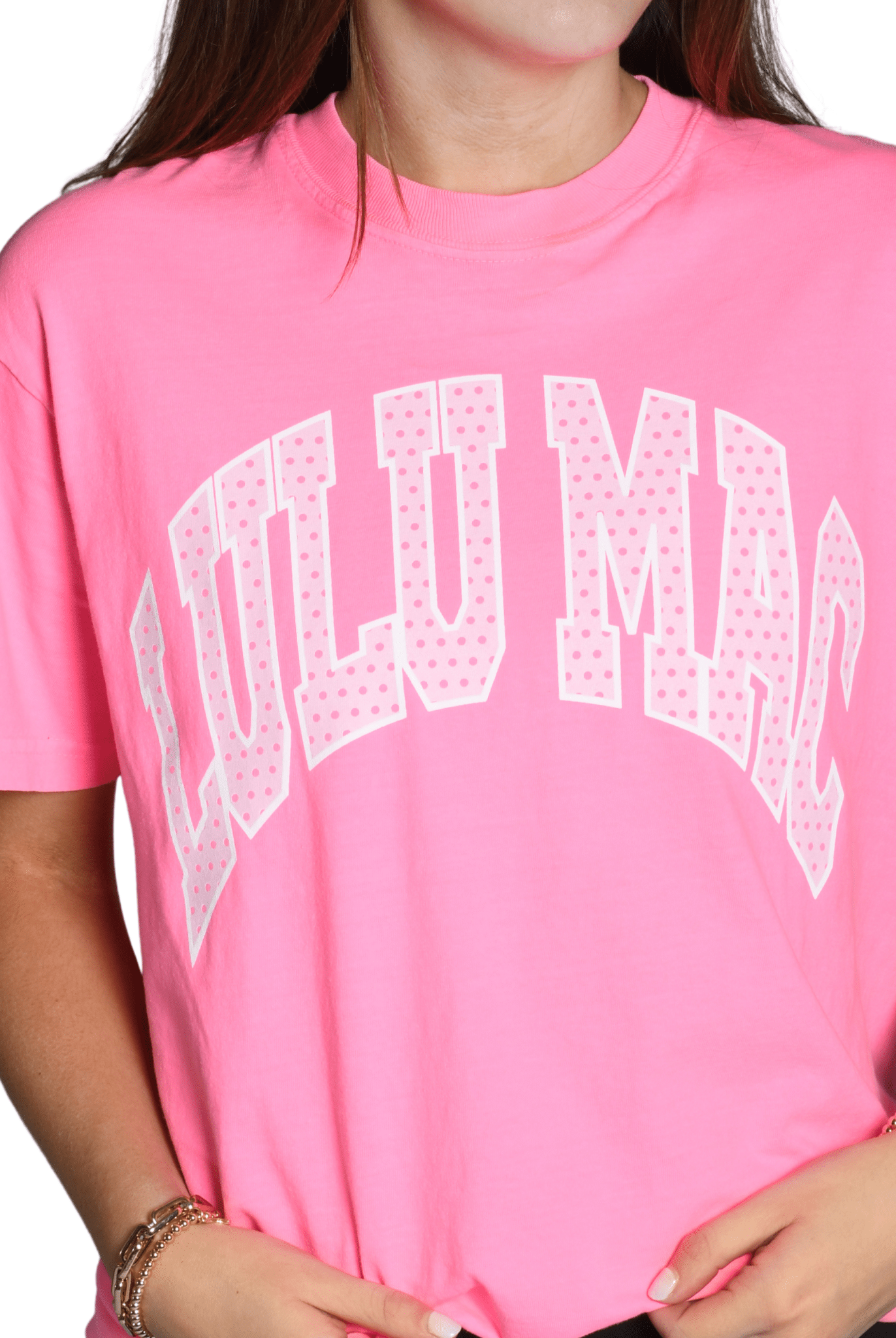 Lulu Mac Polka Dot Neon Pink Comfort Colors Tee - A'Bekah's Boutique