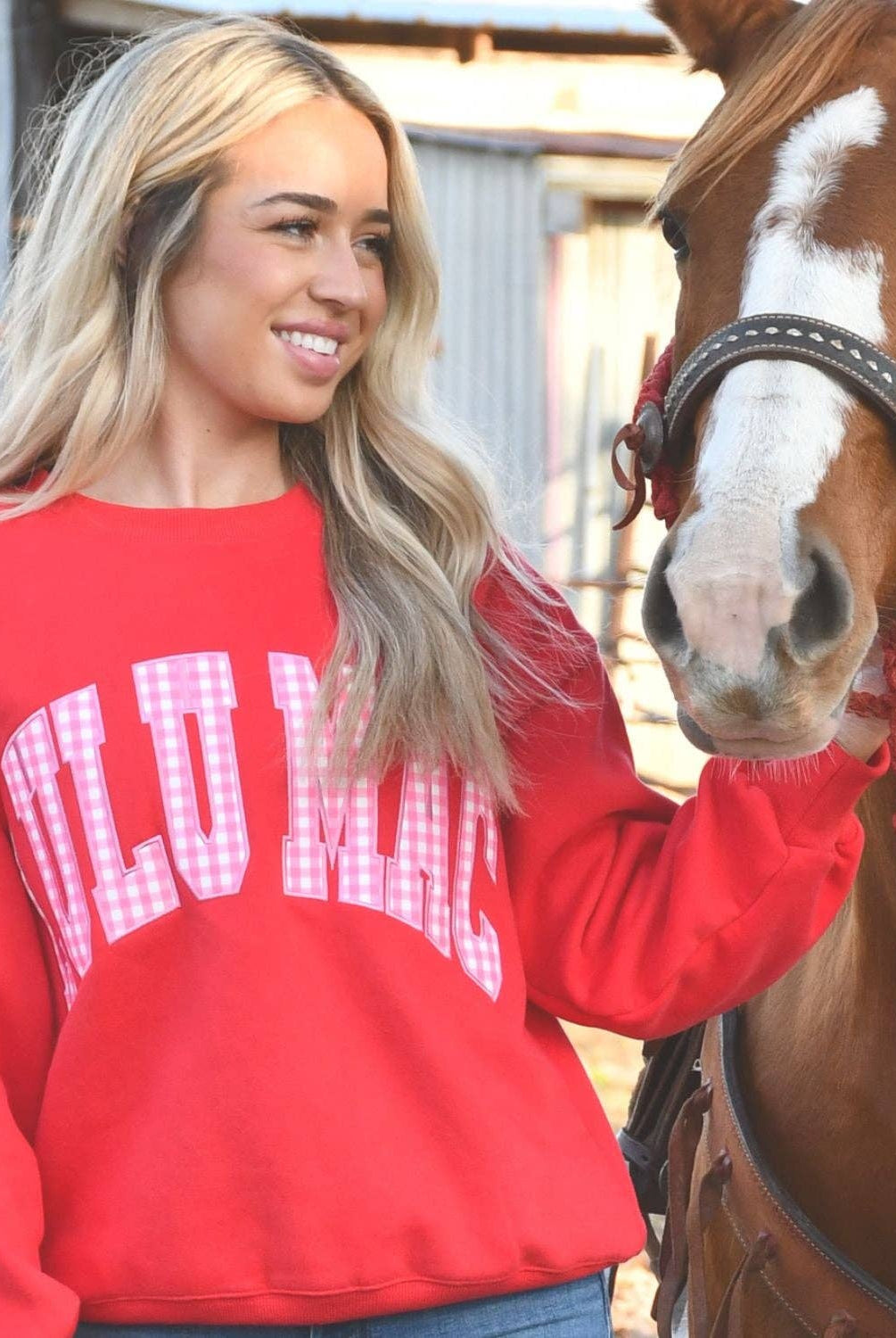 LULU MAC Red w/Pink Gingham Sweatshirt **PRE - ORDER** - A'Bekah's Boutique