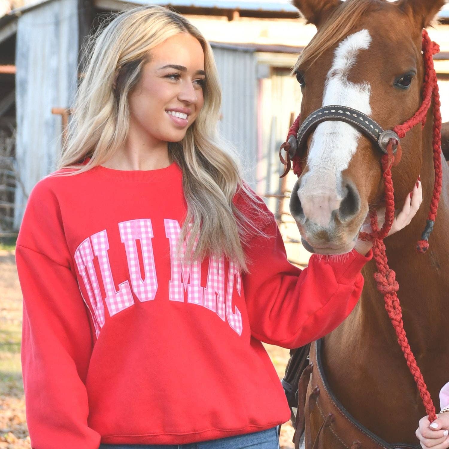 LULU MAC Red w/Pink Gingham Sweatshirt **PRE - ORDER** - A'Bekah's Boutique