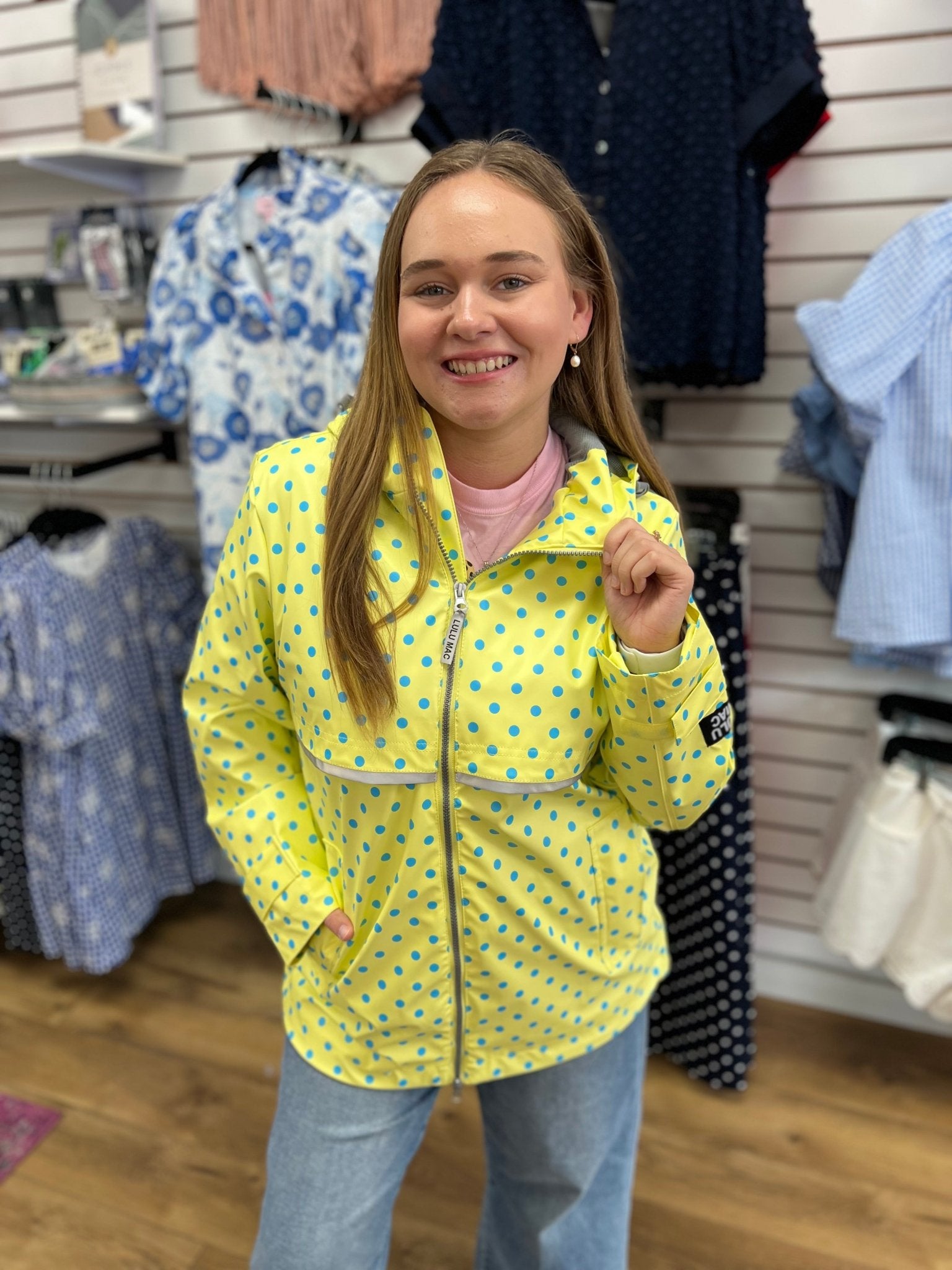 Lulu Mac Yellow Raincoat with Blue Polka Dots - A'Bekah's Boutique