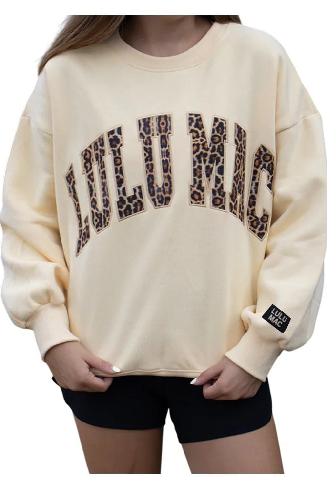 LULUMAC Butter Yellow Sweatshirt with Leopard Lettering - A'Bekah's Boutique